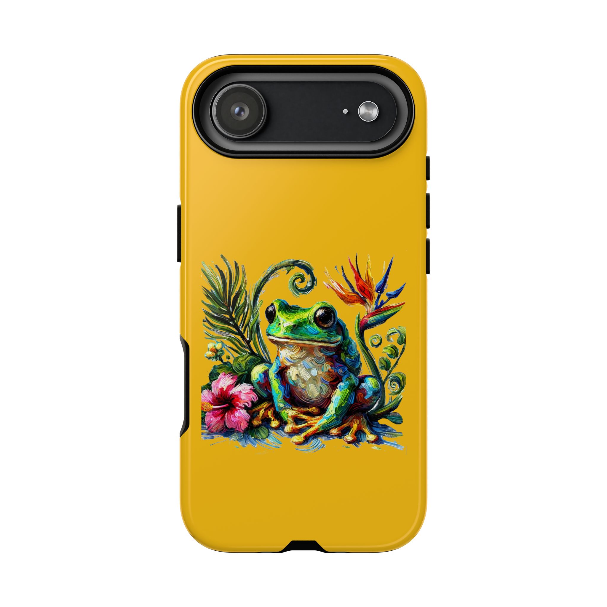 Yellow phone case featuring a colorful frog and tropical flowers design.