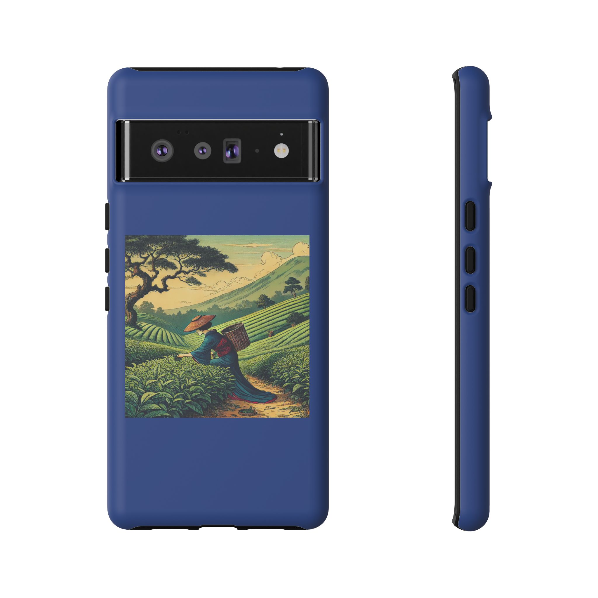 Blue phone case featuring vintage artwork of a farmer in a landscape with hills and trees.