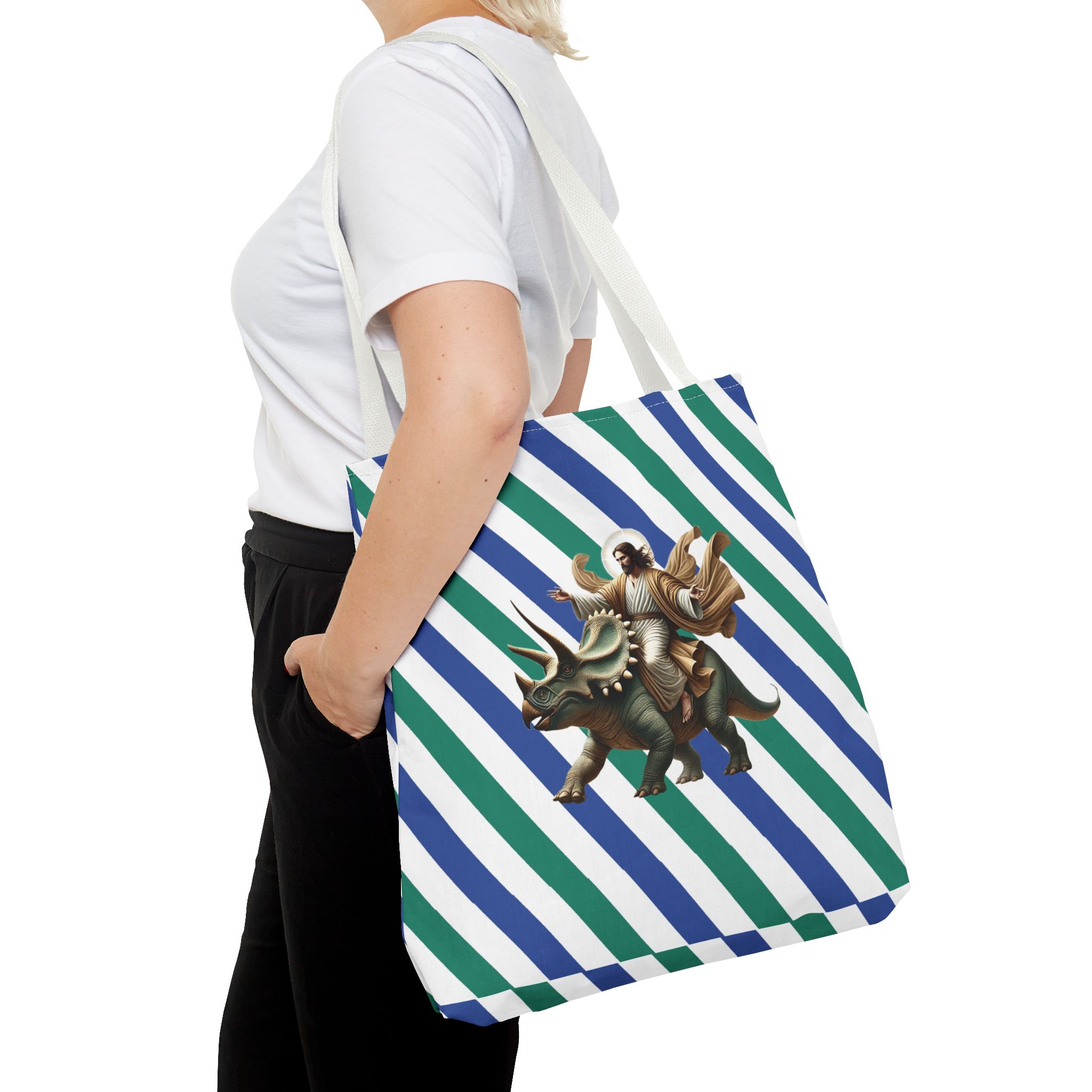 Fun canvas tote bag jurassic boho tote bag Jesus riding triceratops shoulder bag satiric purse religious design sarcastic cute tote bag – Image 18