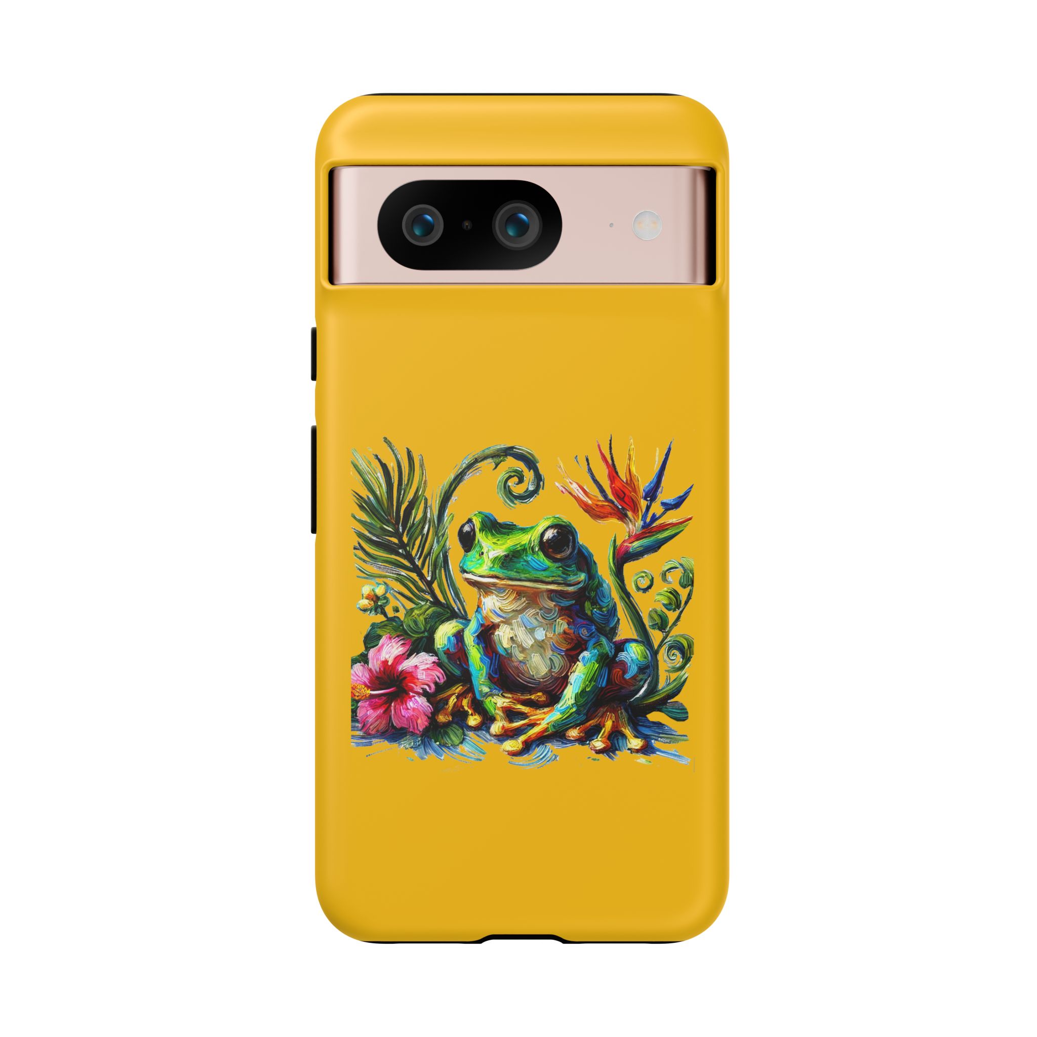 Yellow phone case featuring a colorful frog design with flowers and leaves.