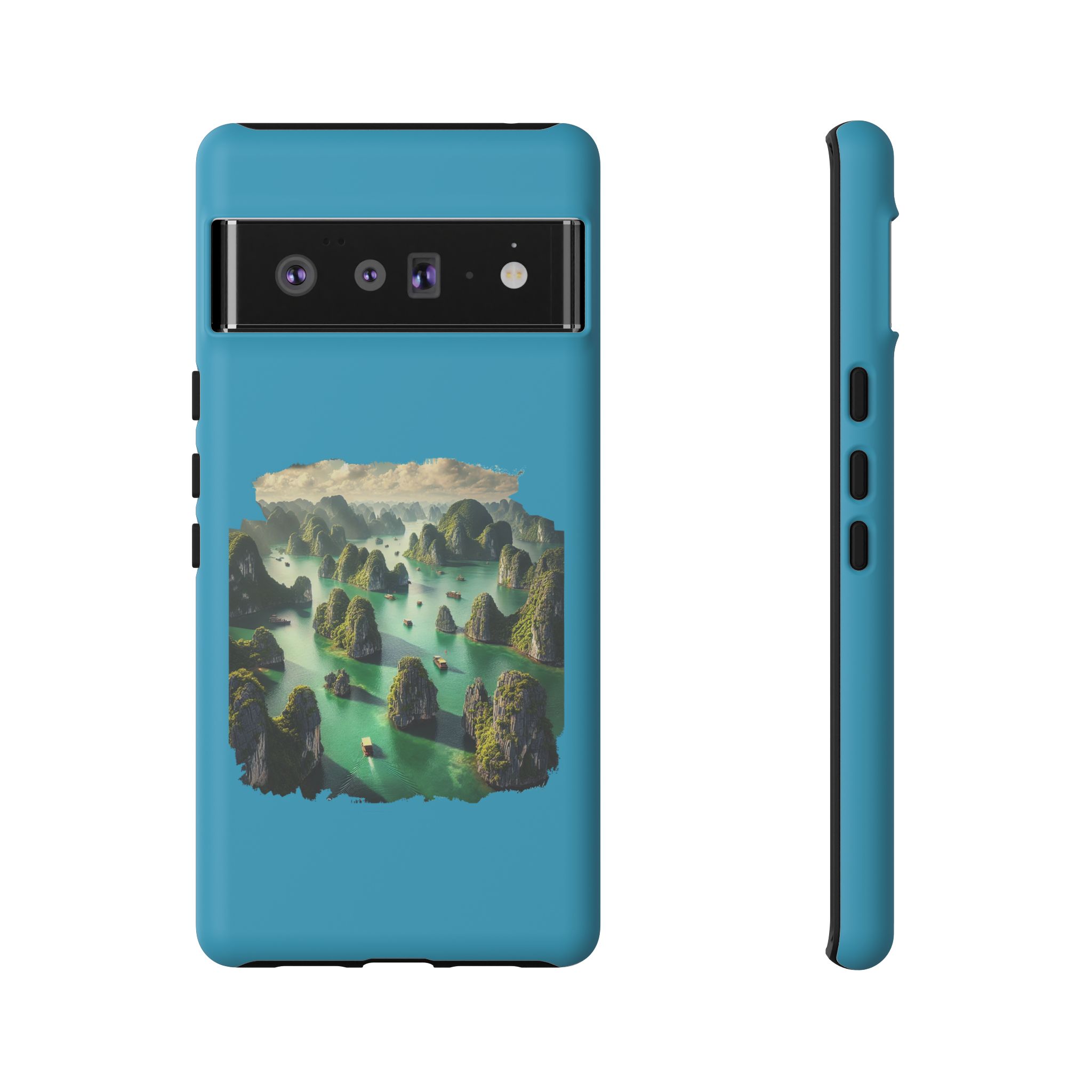 Phone case featuring a scenic landscape design with mountains and water in vibrant colors.