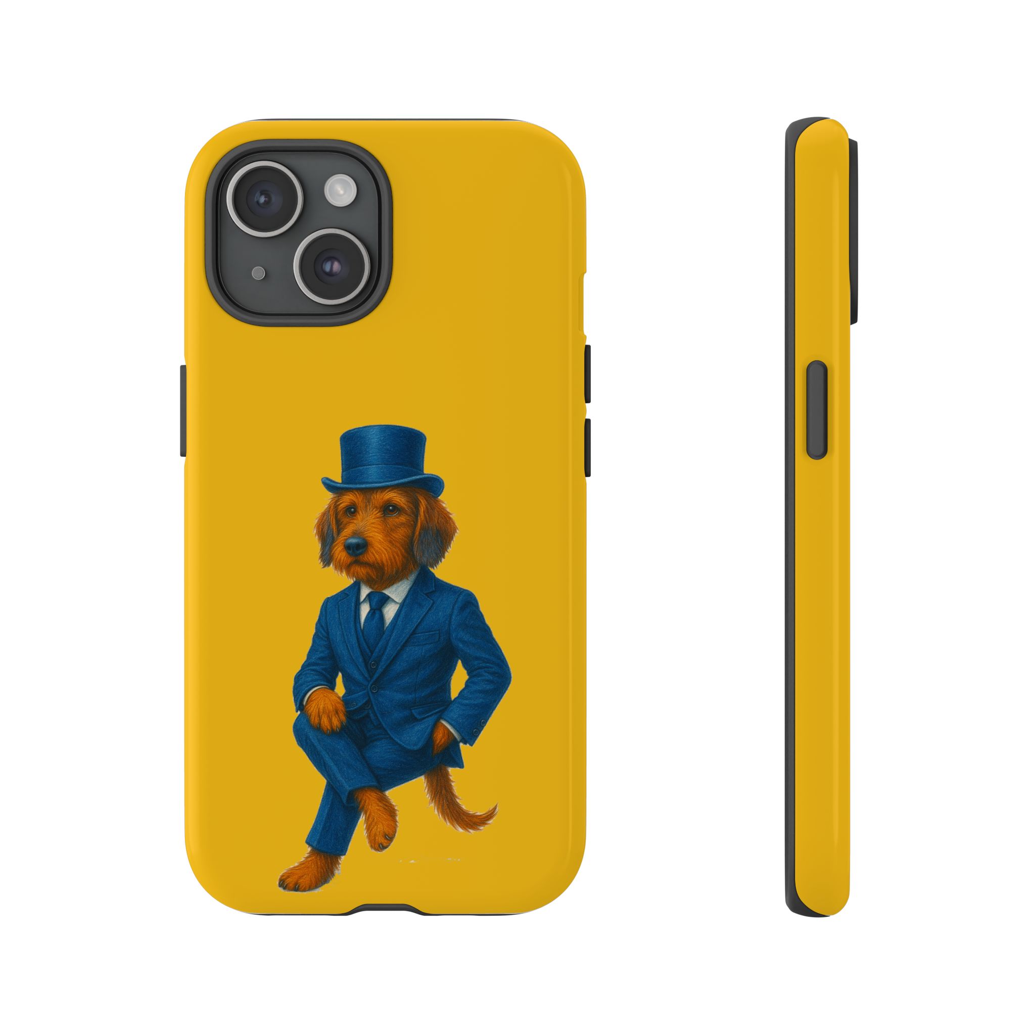Phone case featuring a dog dressed in a blue suit and top hat against a yellow background.
