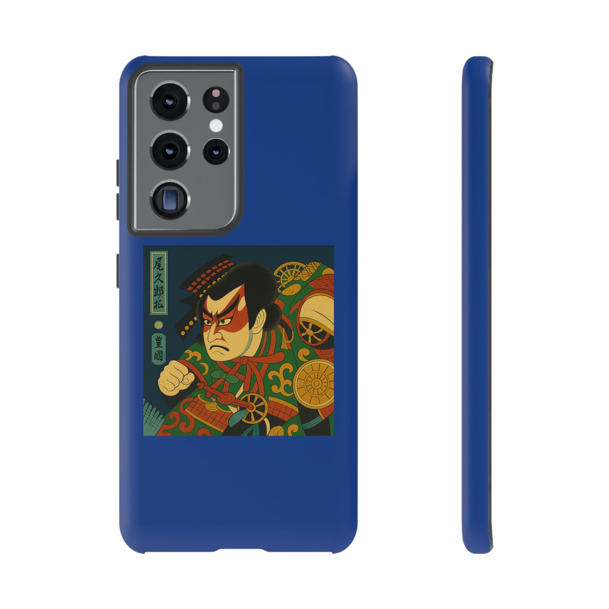 Blue phone case featuring a samurai illustration with bold colors and intricate details.