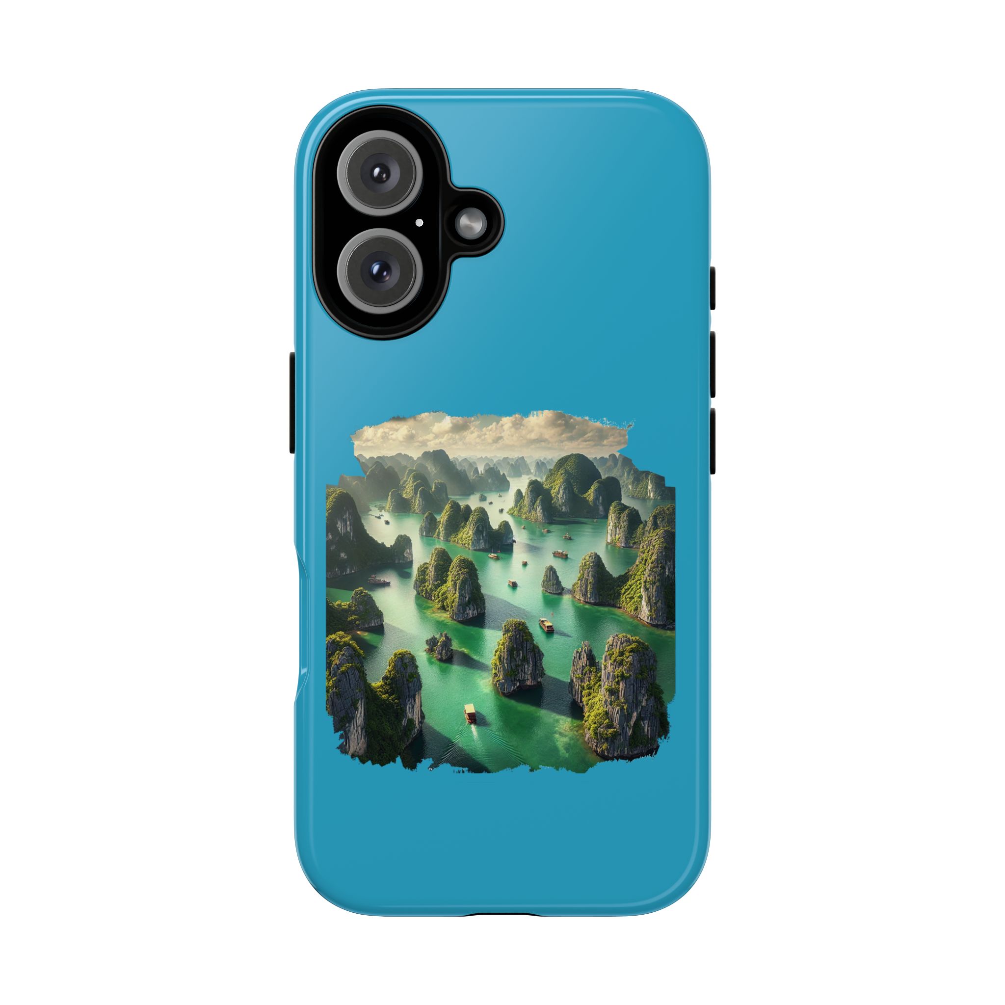 Phone case featuring a scenic landscape with islands and boats in turquoise water.