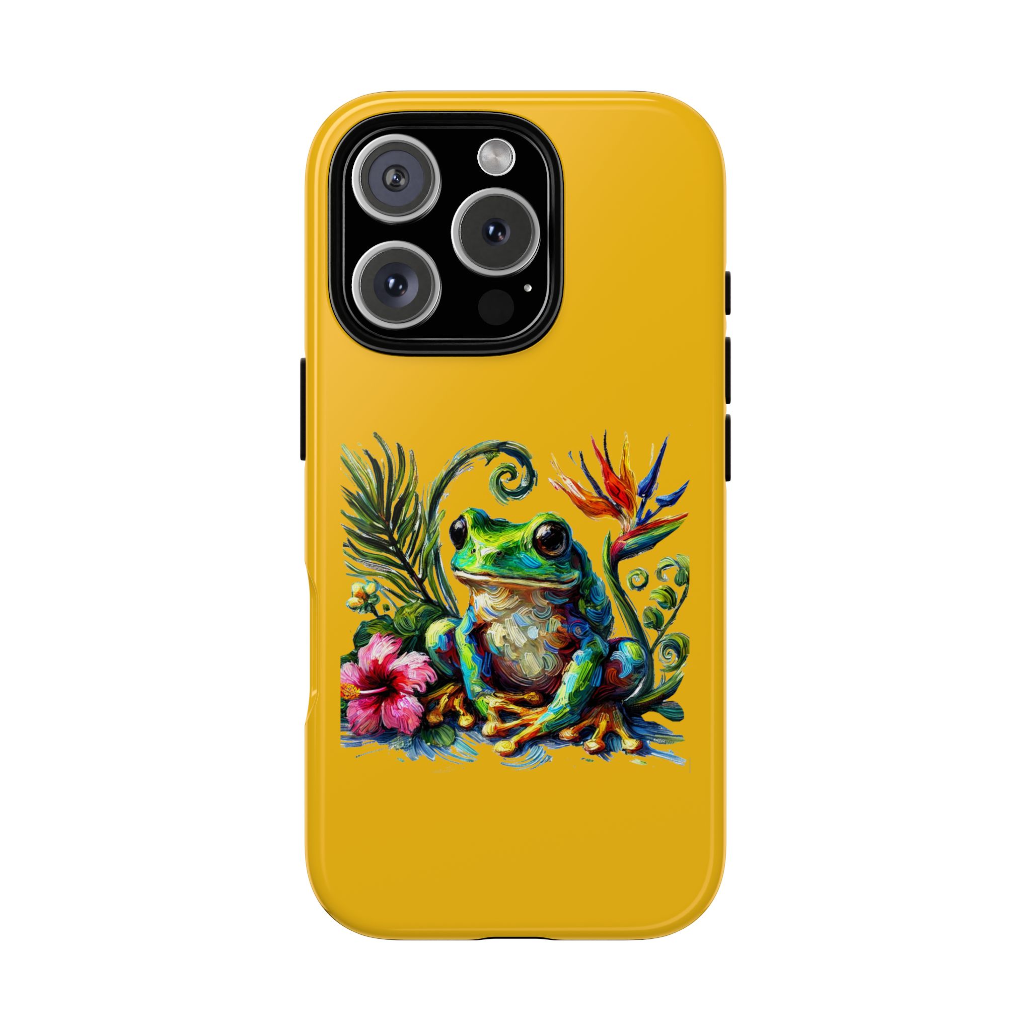 Phone case with a colorful frog design, featuring tropical flowers and leaves on a yellow background.