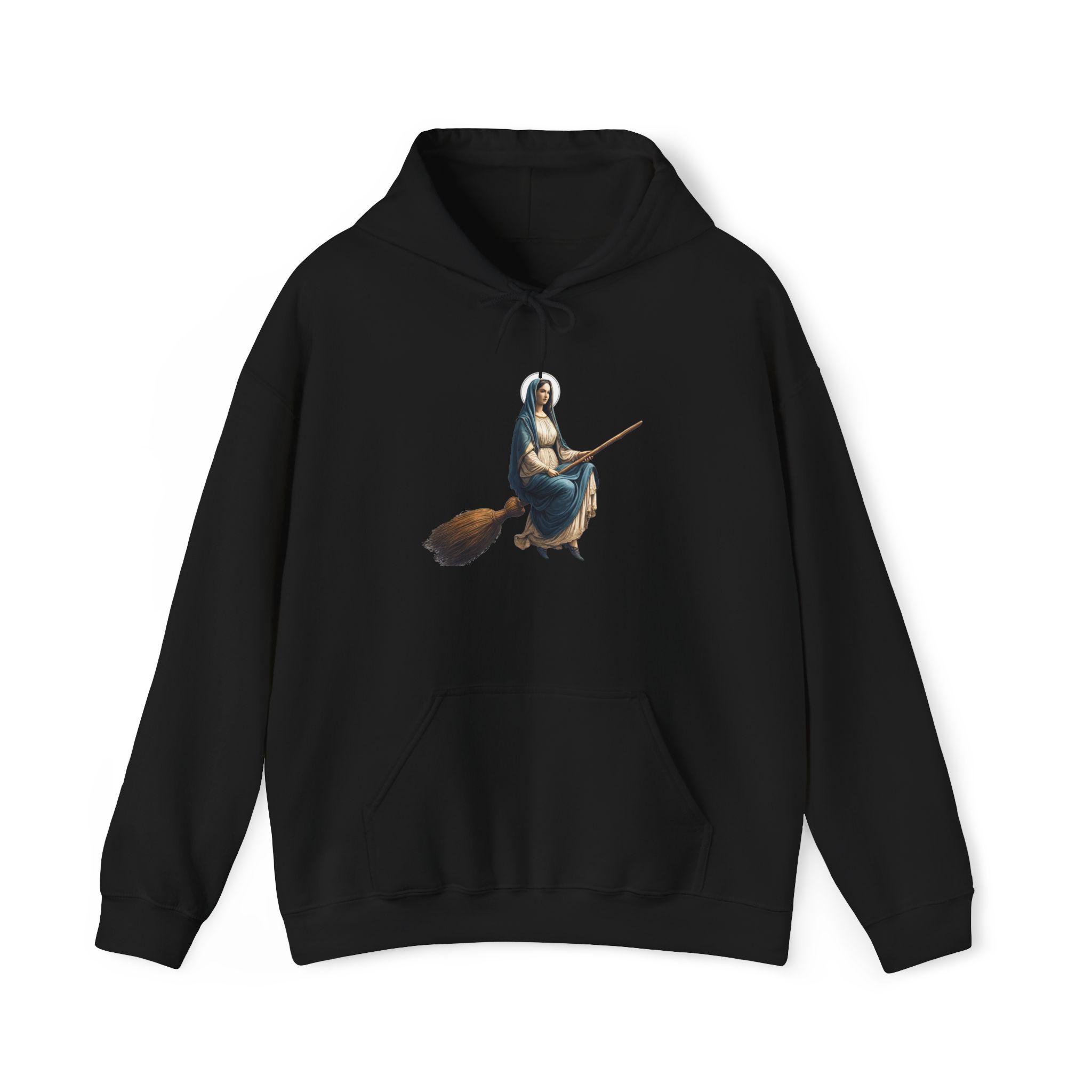 Black hoodie featuring a design of a witch riding a broomstick in a seated position.
