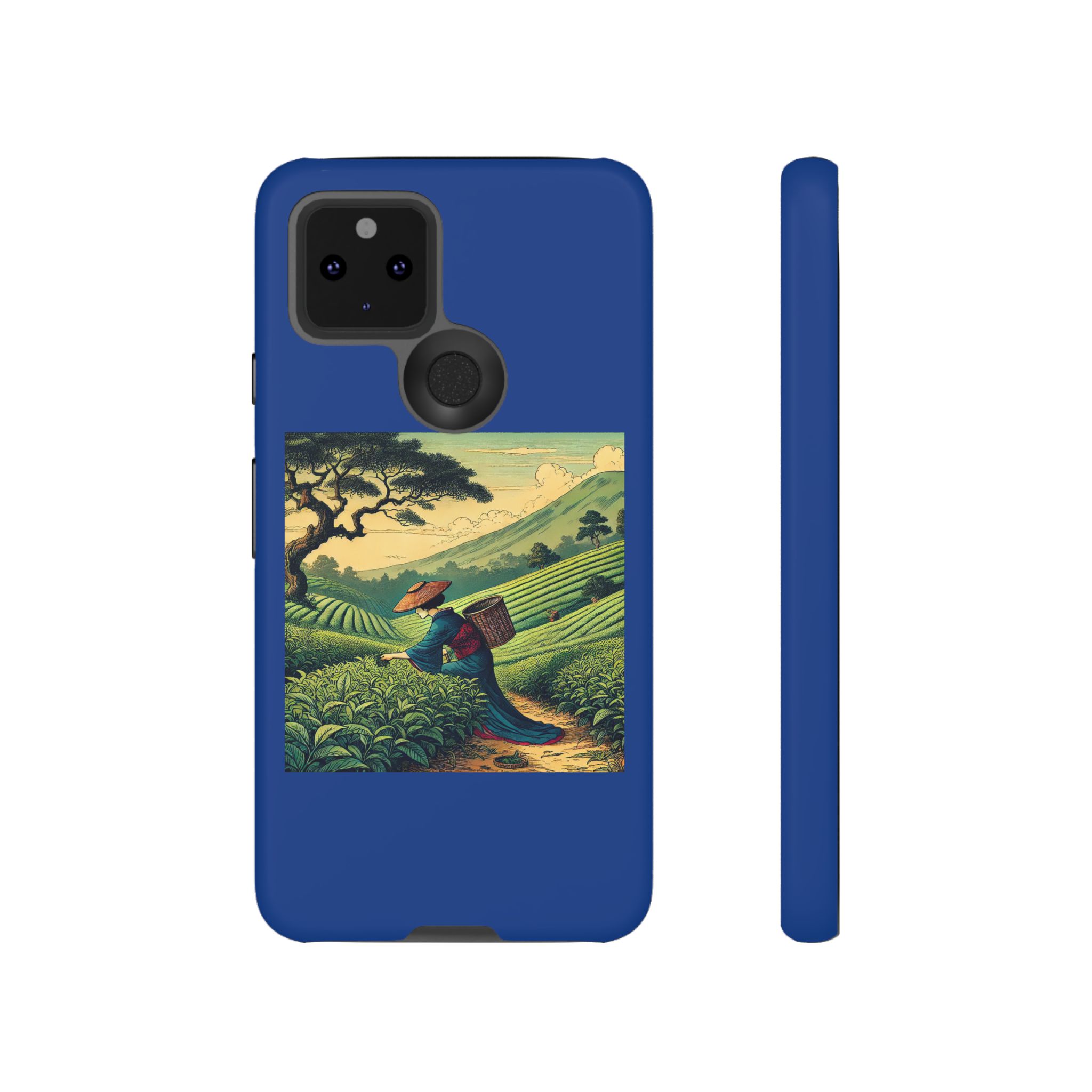 Blue phone case featuring an illustration of a farmer working in a tea plantation.