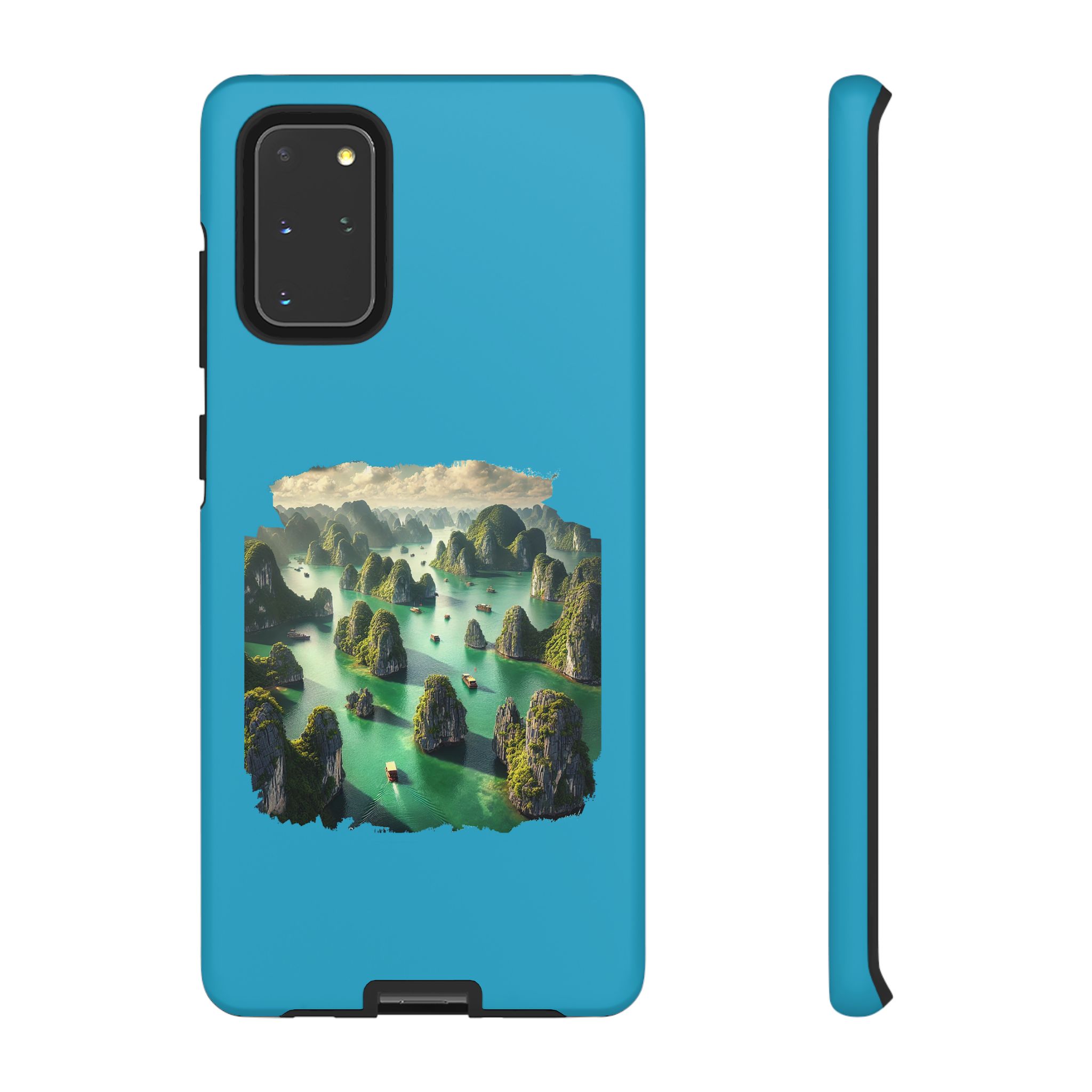 Phone case featuring a vibrant landscape design with green hills and water.