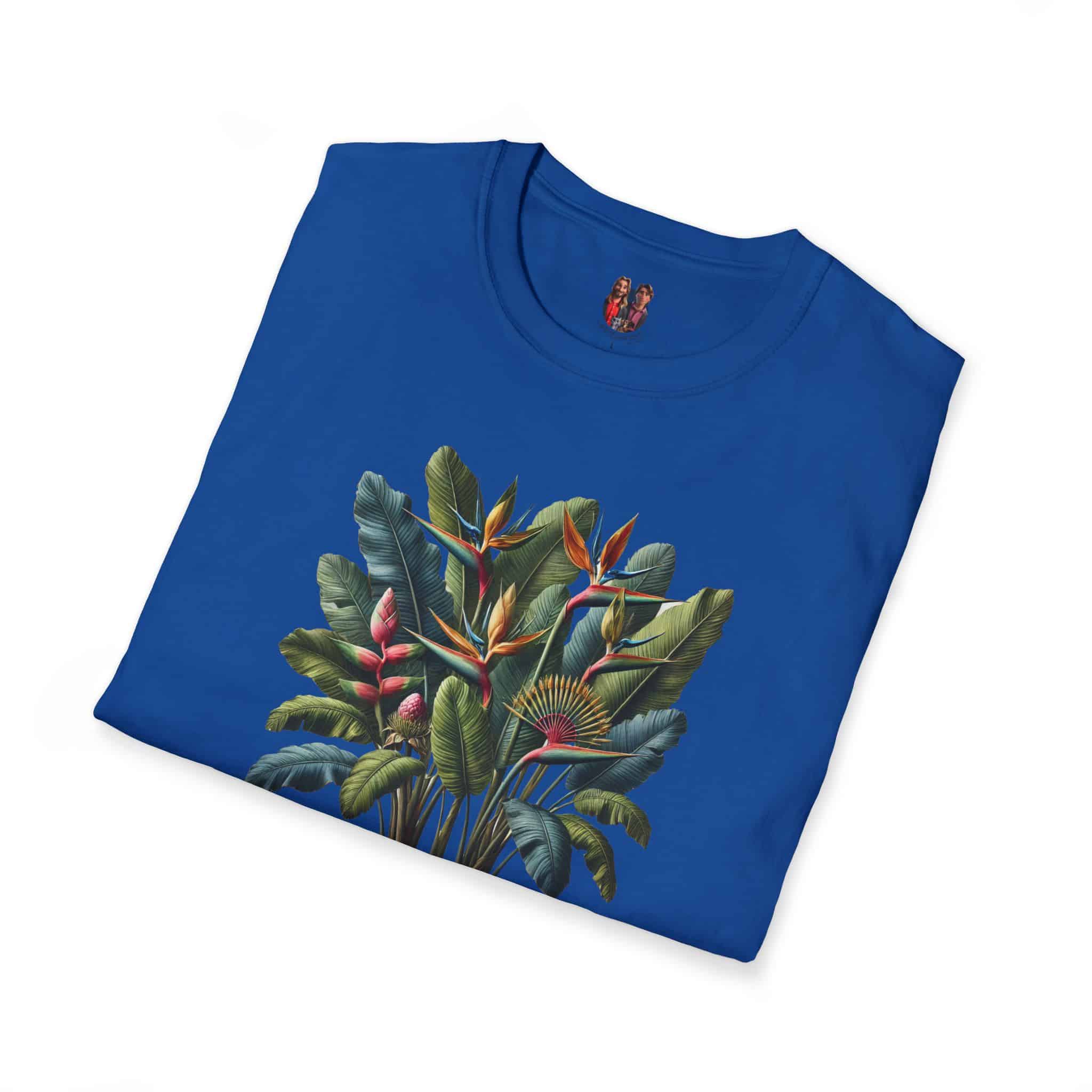 Blue T-shirt featuring a colorful tropical plant design with leaves and flowers.