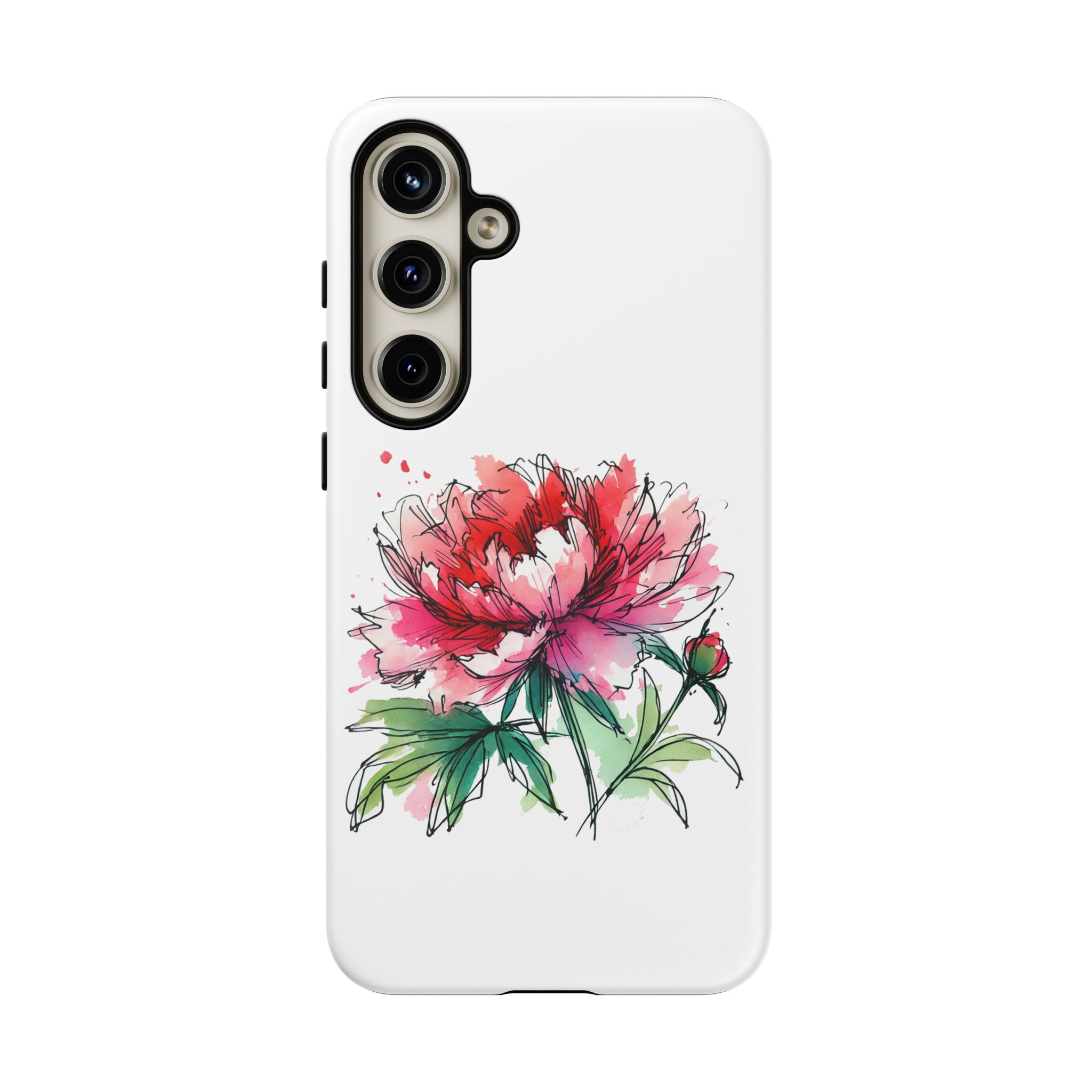 Illustration of a pink peony flower on a white phone case with a detailed design.