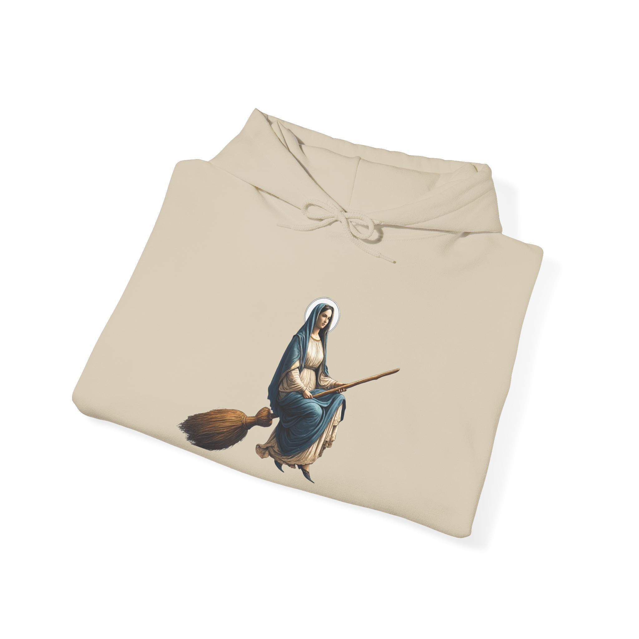 Beige hoodie featuring an illustration of a witch riding a broomstick.