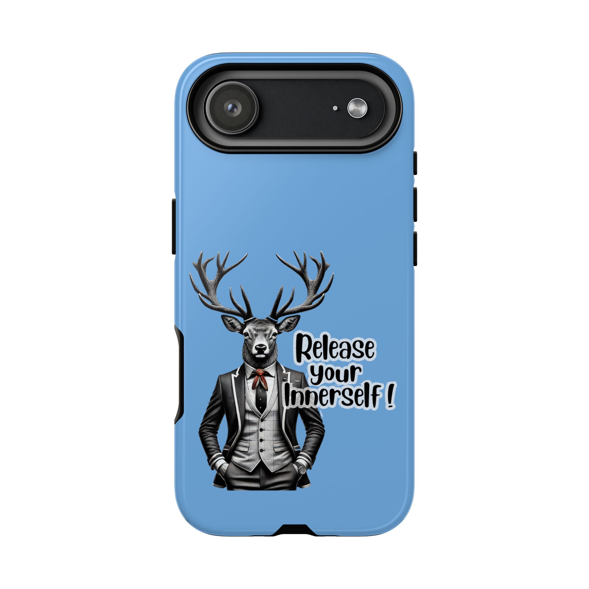 Phone case featuring a deer in a suit with the text 'Release your Innerself!' on a blue background.