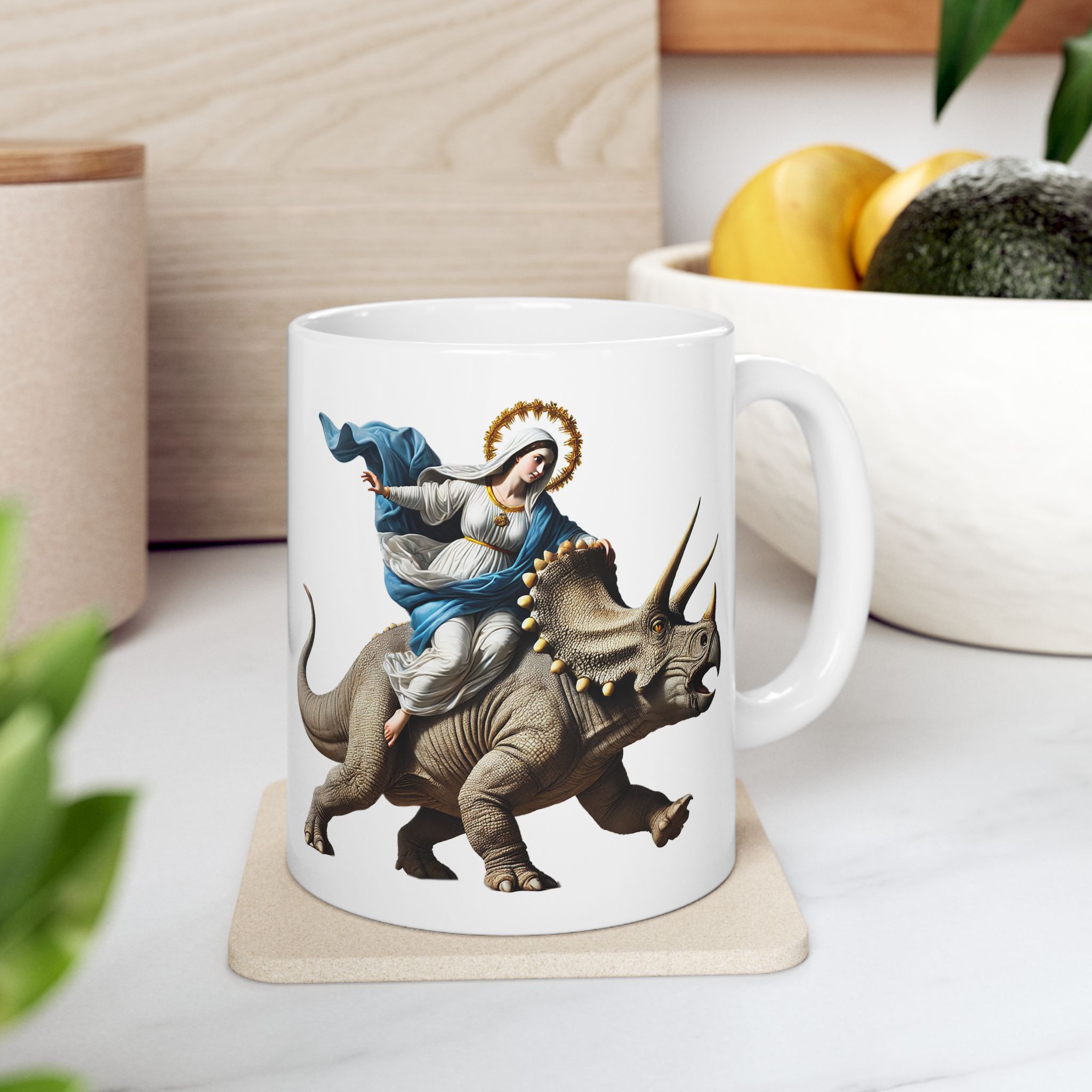 Sarcastic Coffee mug jurassic Virgin mary riding triceratops funny office mug boho gift tea cup cute accessory - Image 3