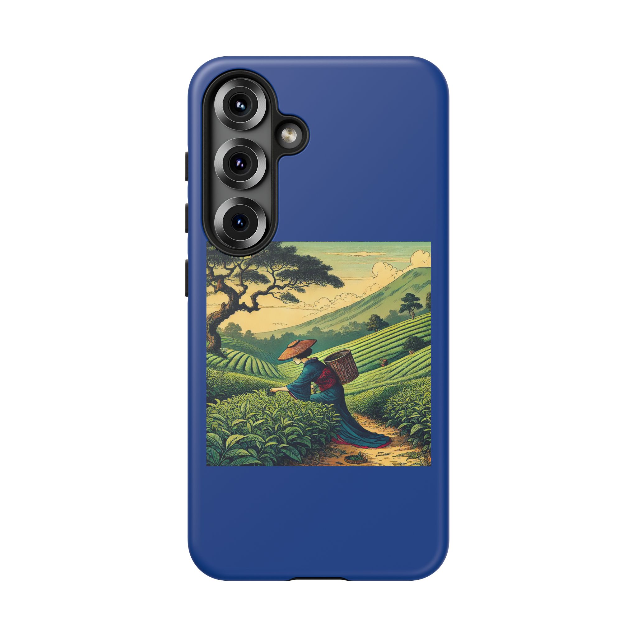 Blue phone case featuring artwork of a farmer walking through tea fields with mountains in the background.