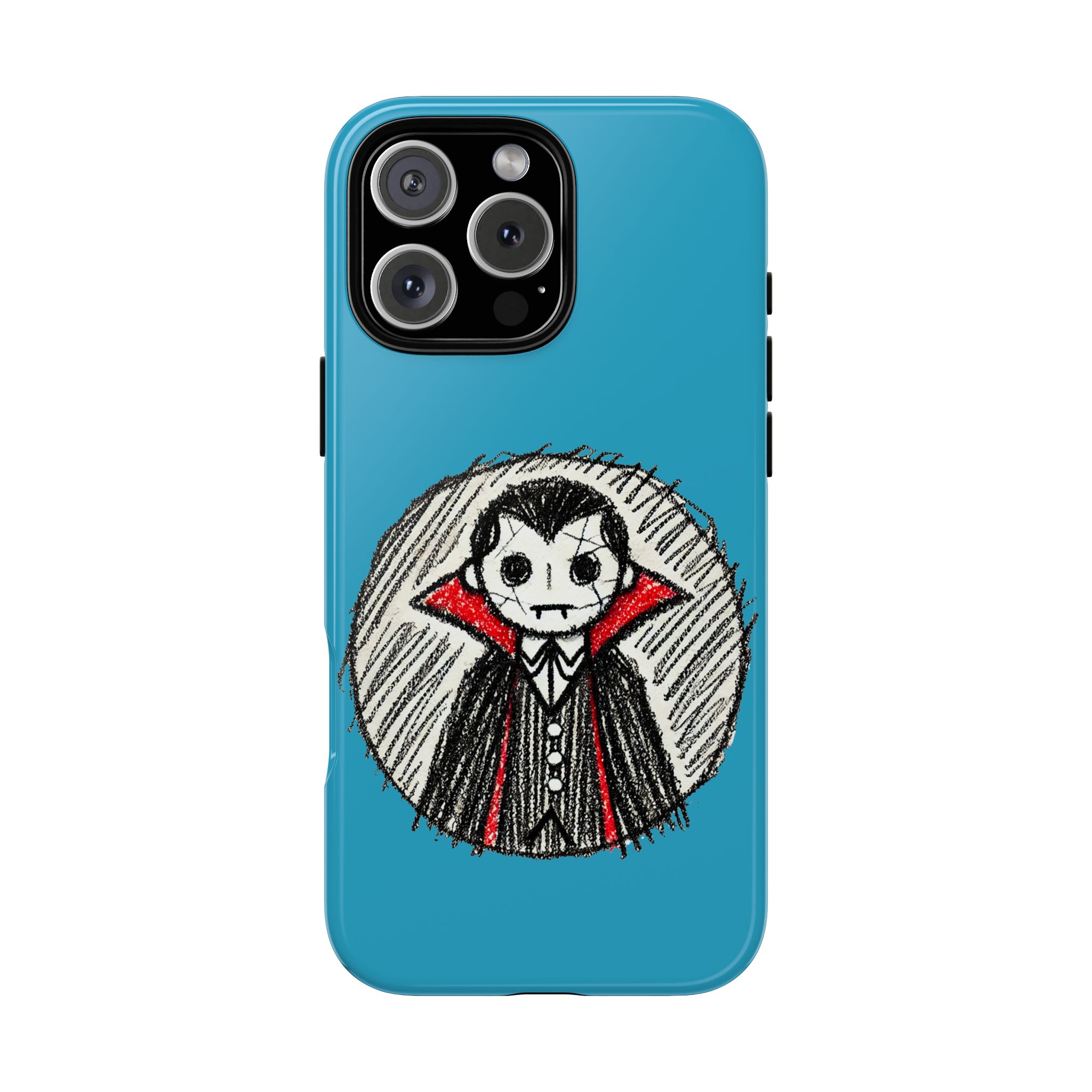 A cartoon-style vampire character with a black suit and red cape on a blue phone case.