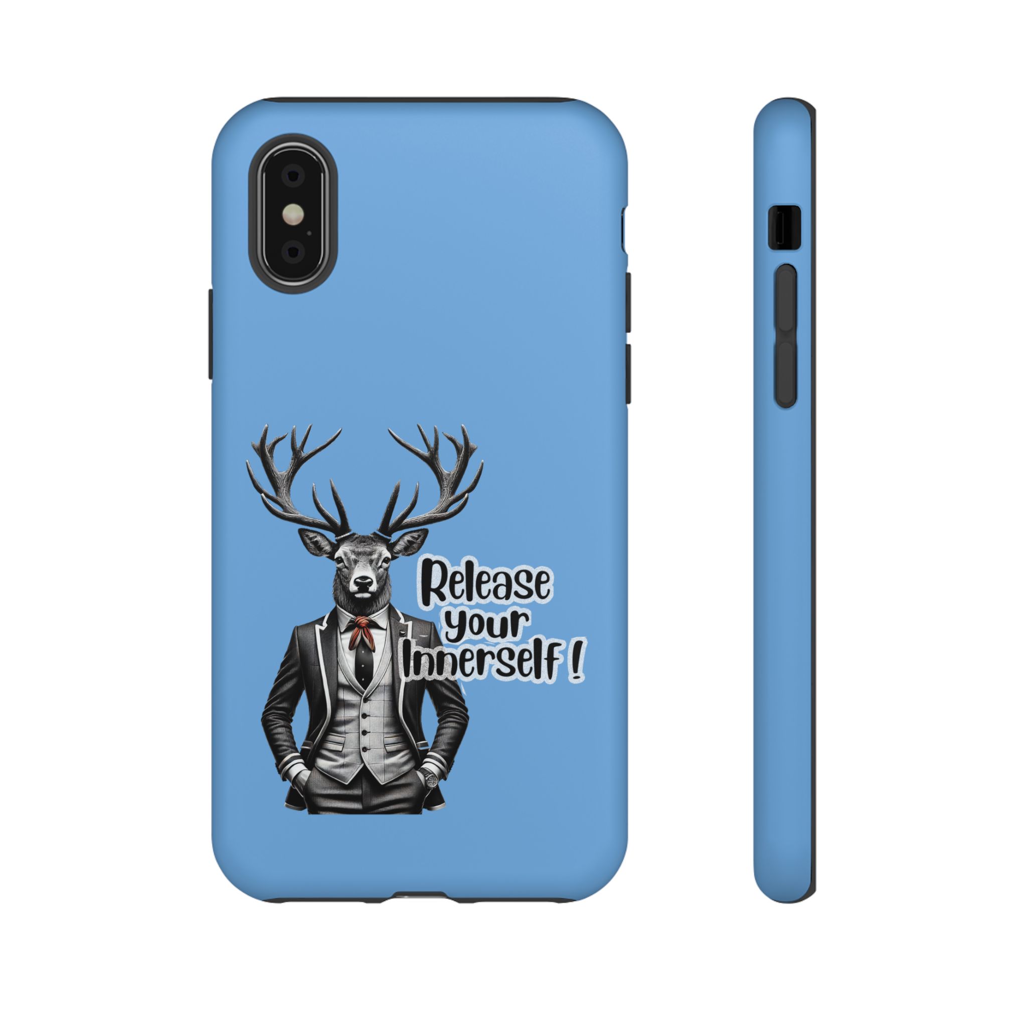 Blue phone case featuring a deer in a suit with the text 'Release Your Inner Self!'