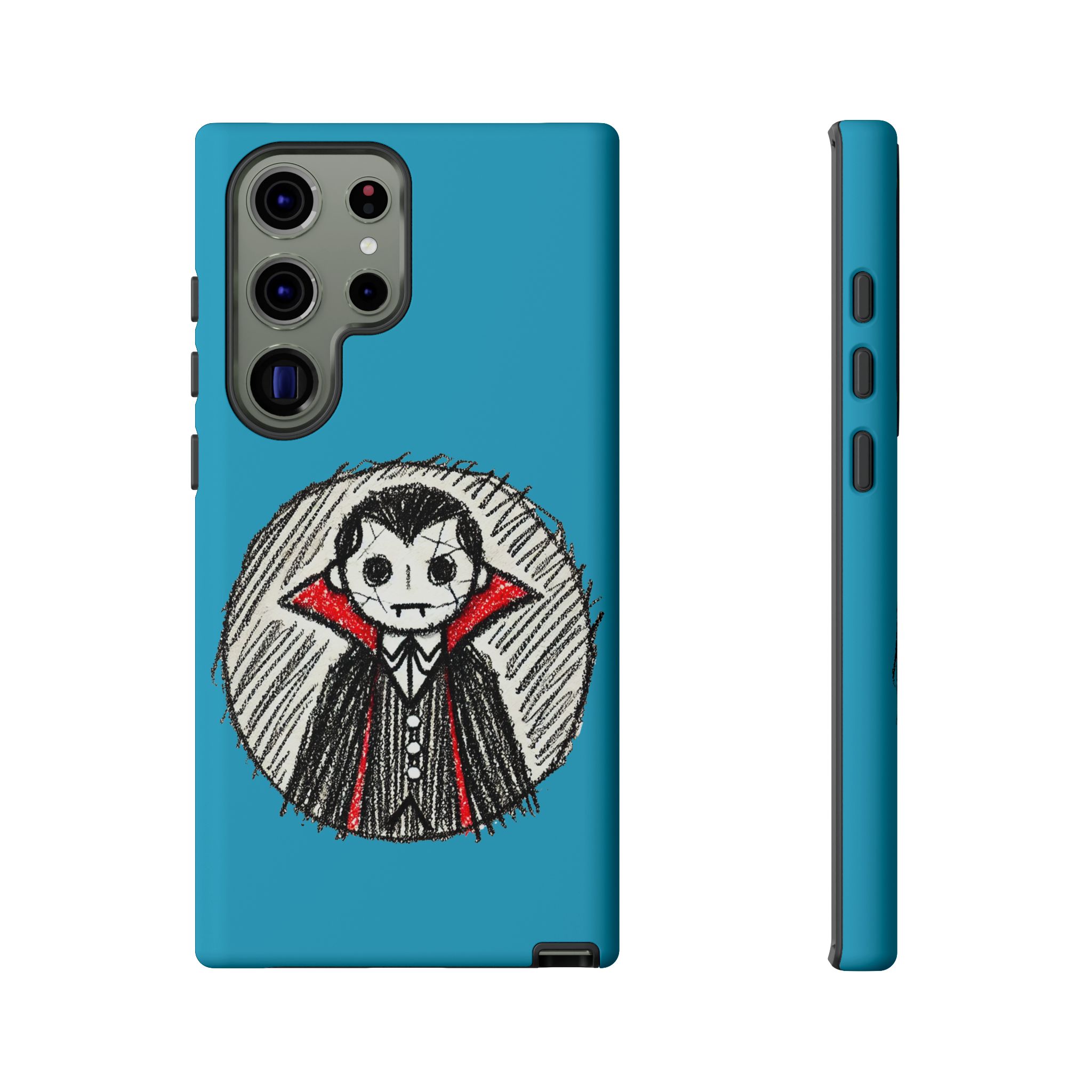 Phone case featuring a cartoon character in a black suit with red accents against a blue background.