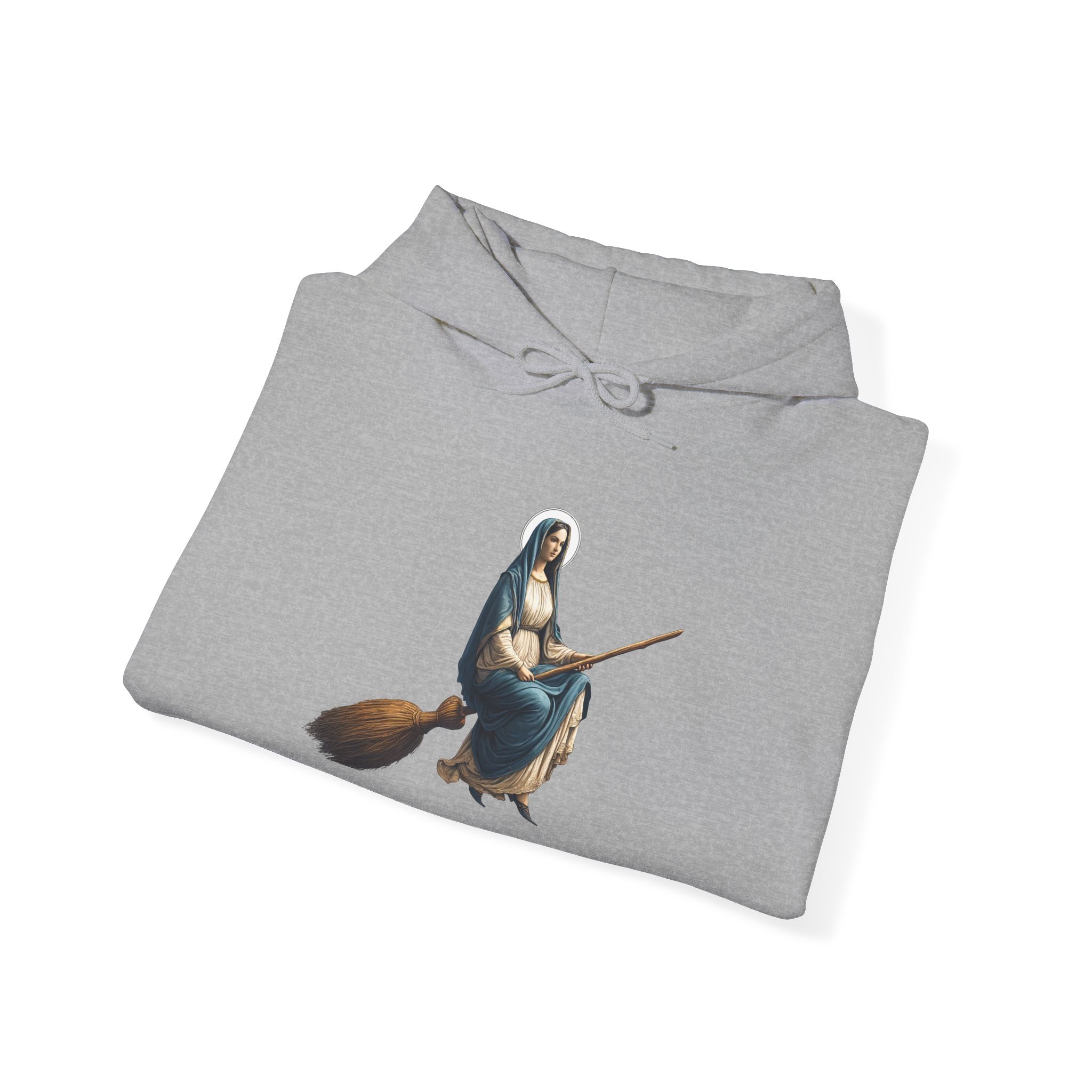 Gray hoodie featuring a design of a witch riding a broomstick.
