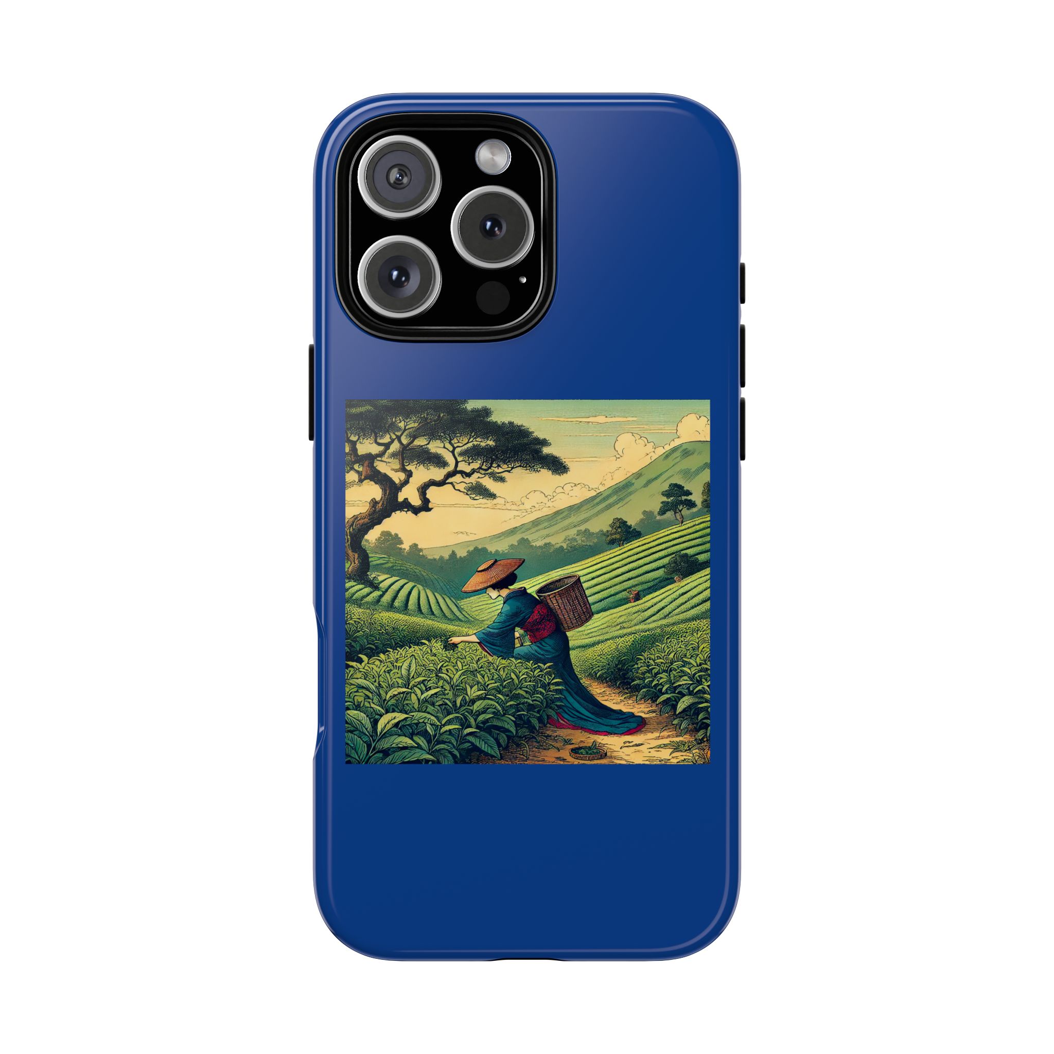 Blue phone case featuring artwork of a person carrying a basket in a tea plantation.
