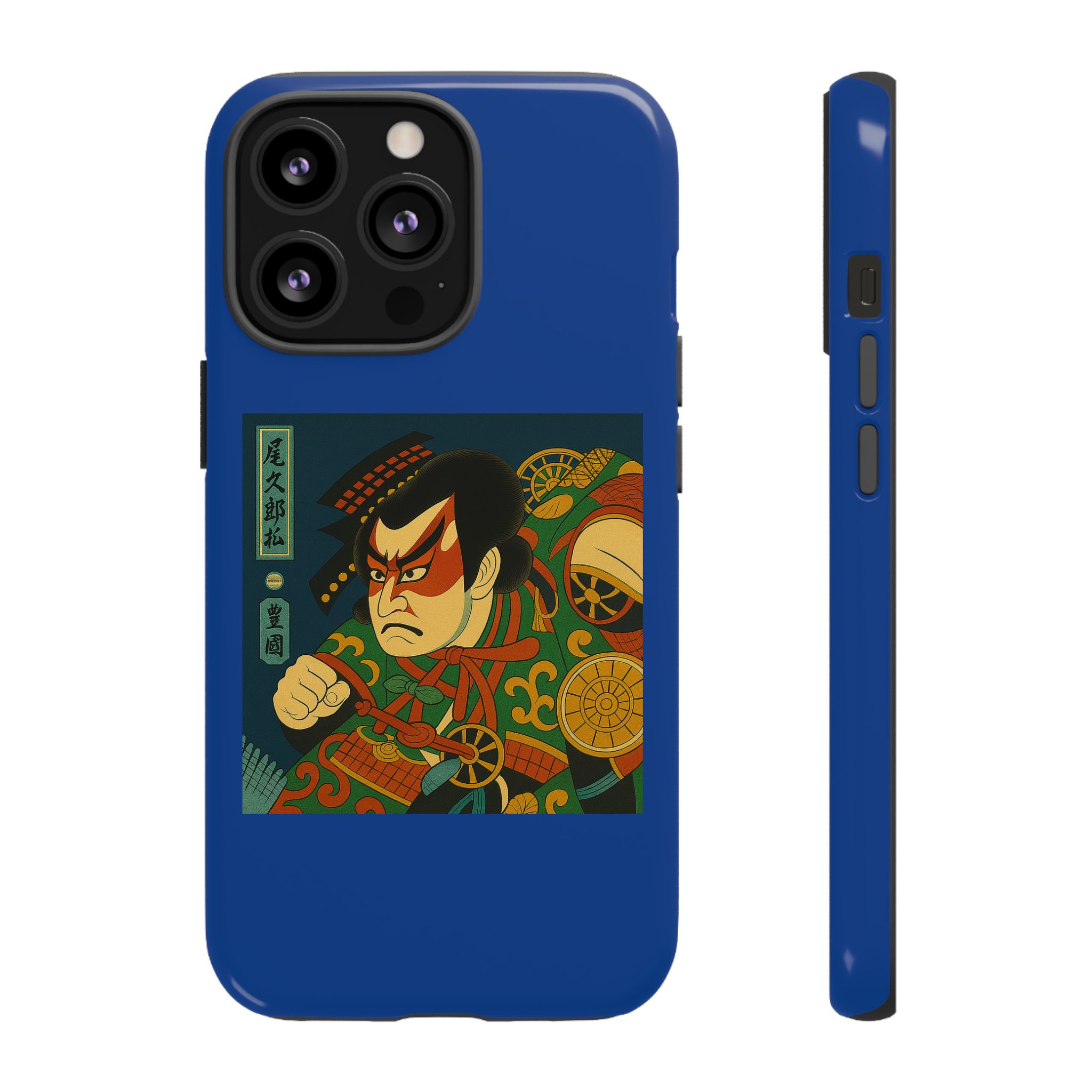Blue phone case featuring traditional Japanese artwork of a fierce warrior with a red mask and intricate designs.