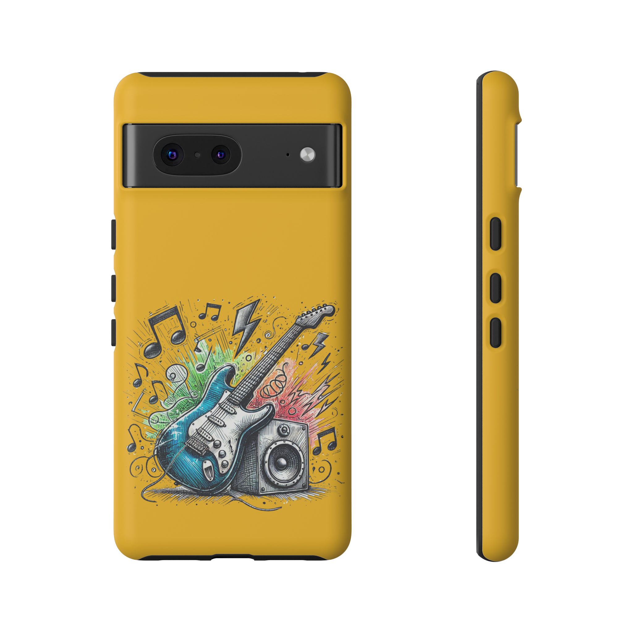 Phone case with a design featuring a guitar, music notes, and a speaker on a yellow background.