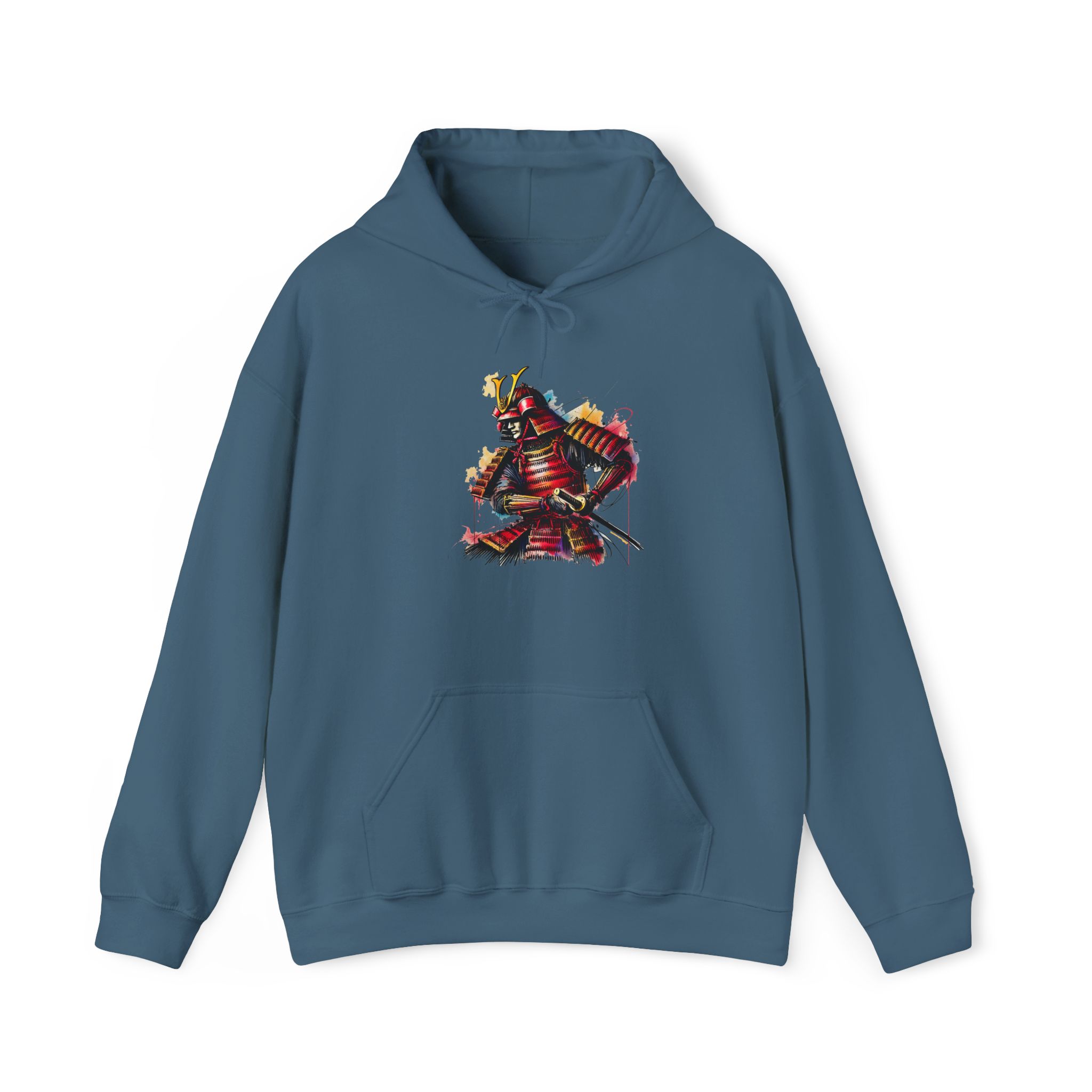 Blue hoodie featuring a samurai graphic design on the front.