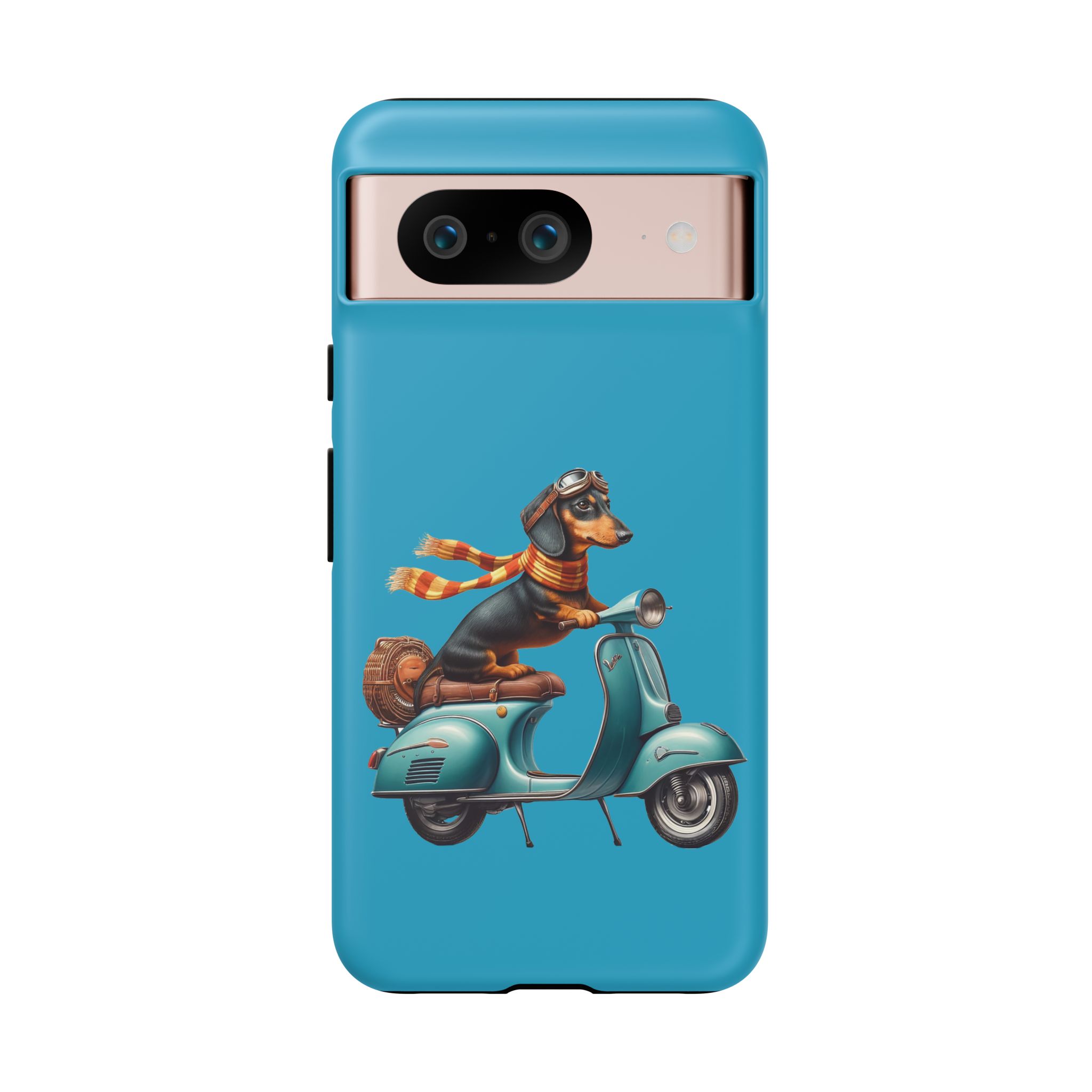 Dachshund wearing goggles and a scarf riding a vintage scooter on a blue phone case.
