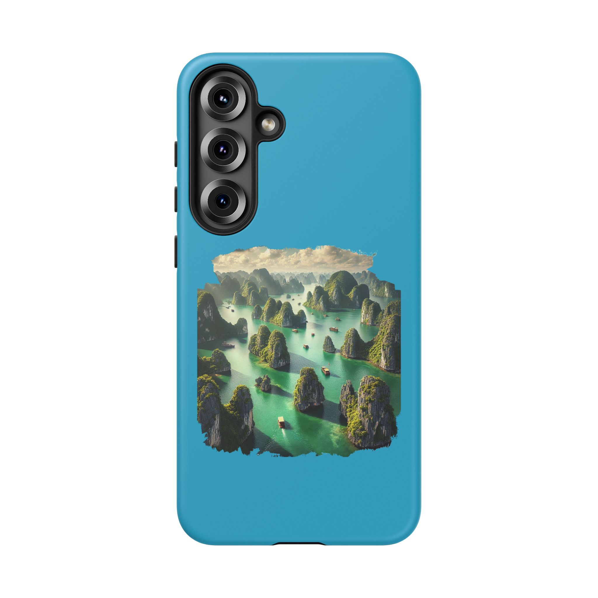 Phone case featuring a scenic landscape of islands and boats on a blue background.