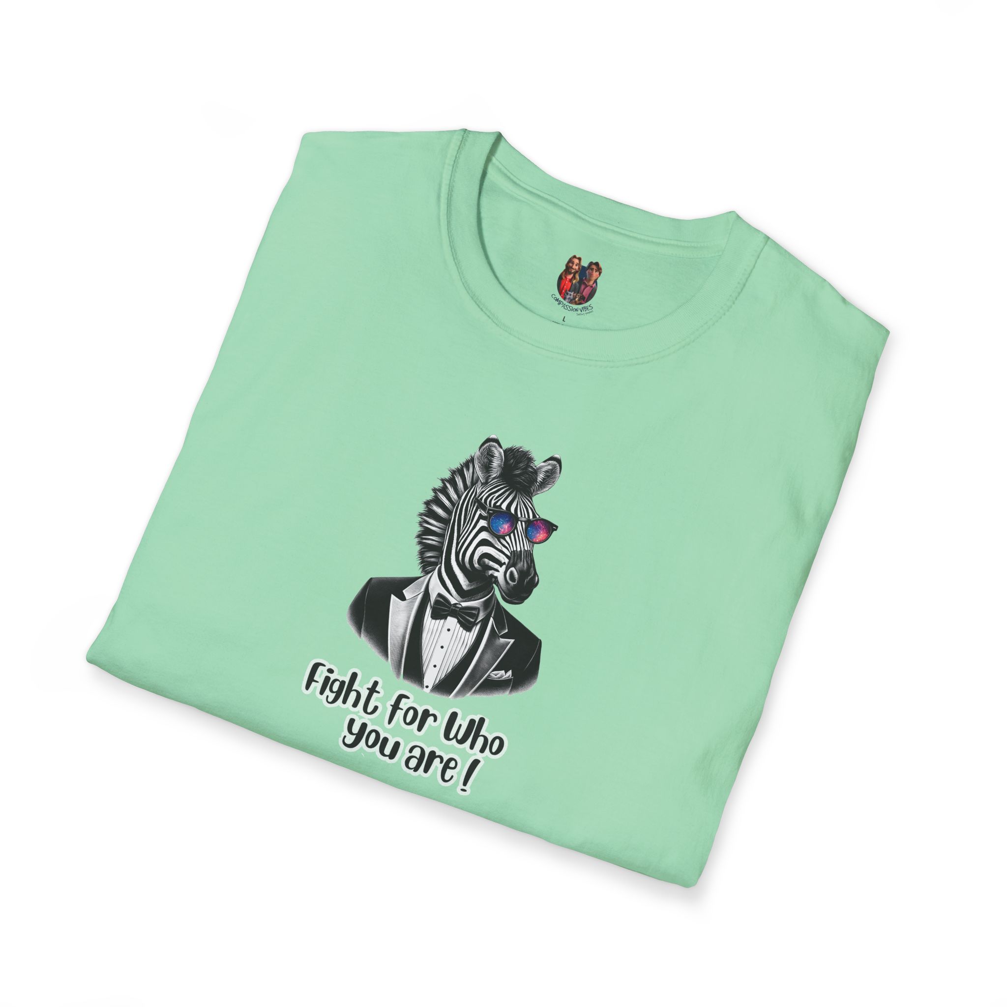 Mint green t-shirt featuring a zebra in a tuxedo with sunglasses and the text 'Fight for Who You Are!'