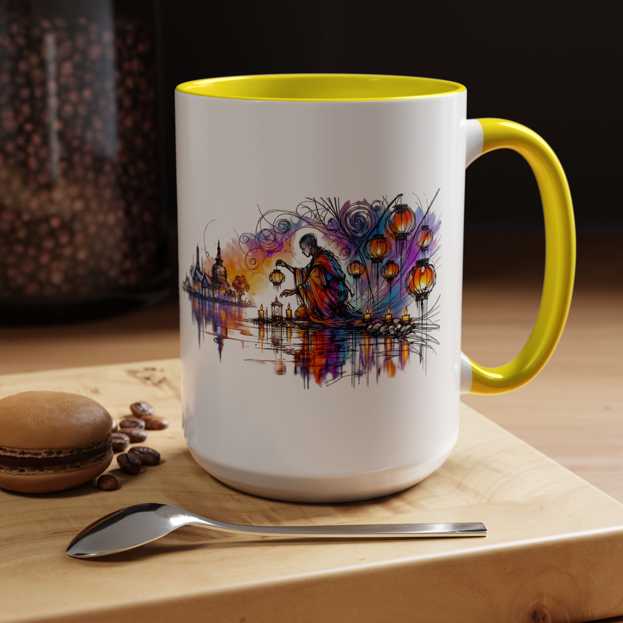 White mug with yellow handle featuring an artistic design of a figure by a river with lanterns.