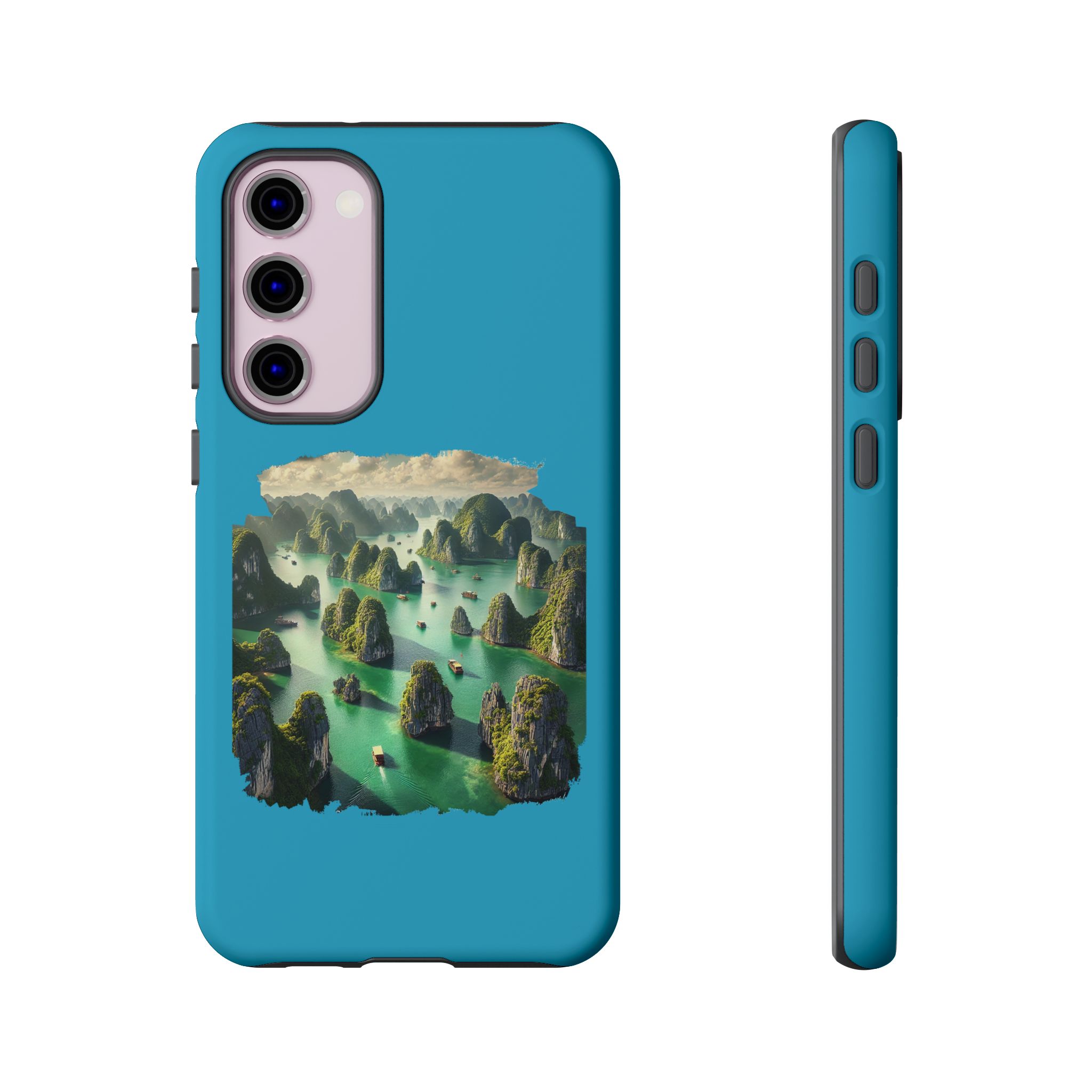 Phone case featuring a landscape design with mountains and water in vibrant colors.