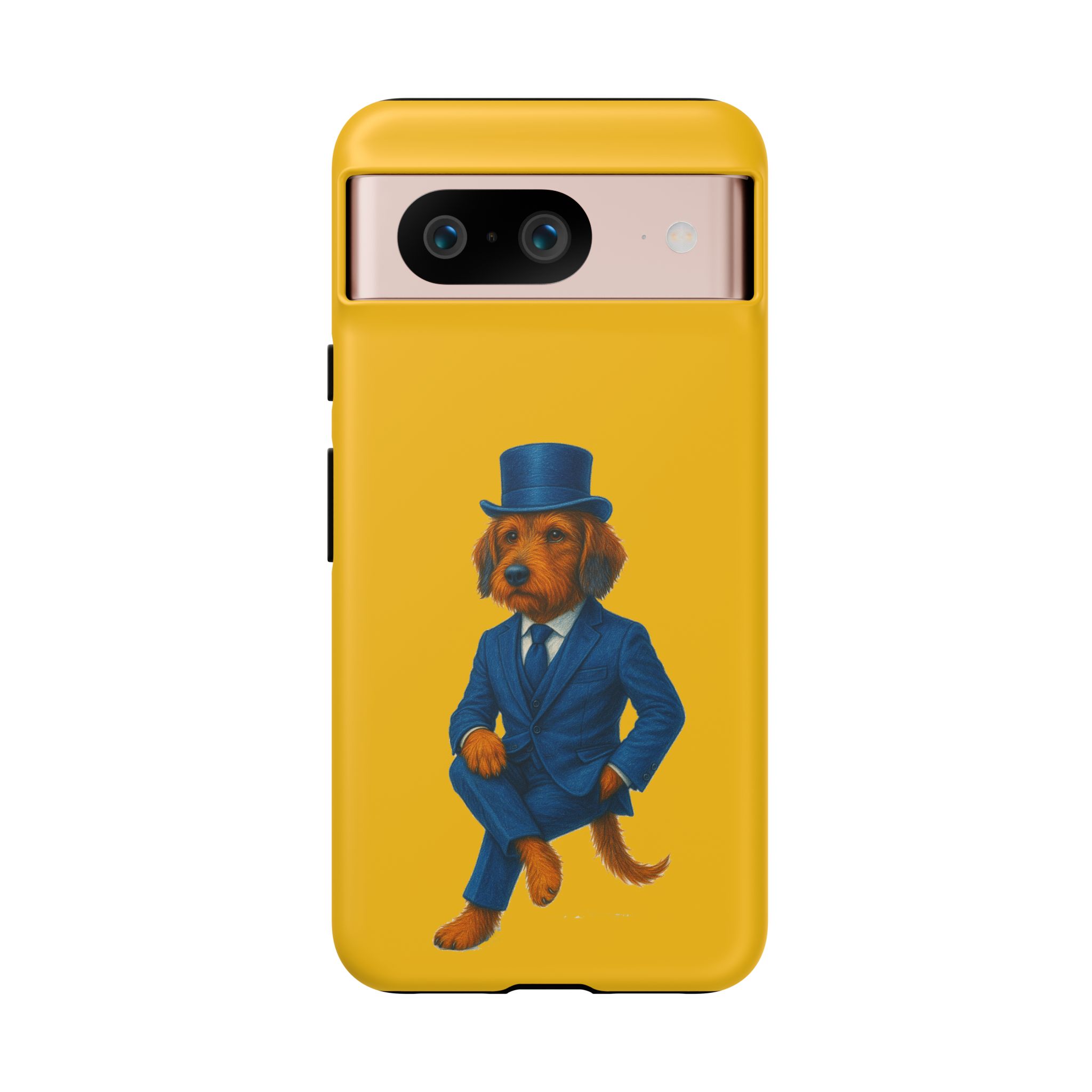 Illustration of a dog wearing a blue suit and a top hat against a yellow background.