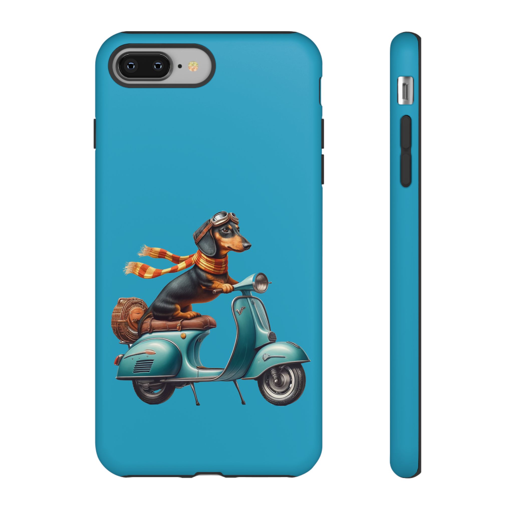 Dachshund wearing goggles and a scarf riding a vintage scooter with a blue background.