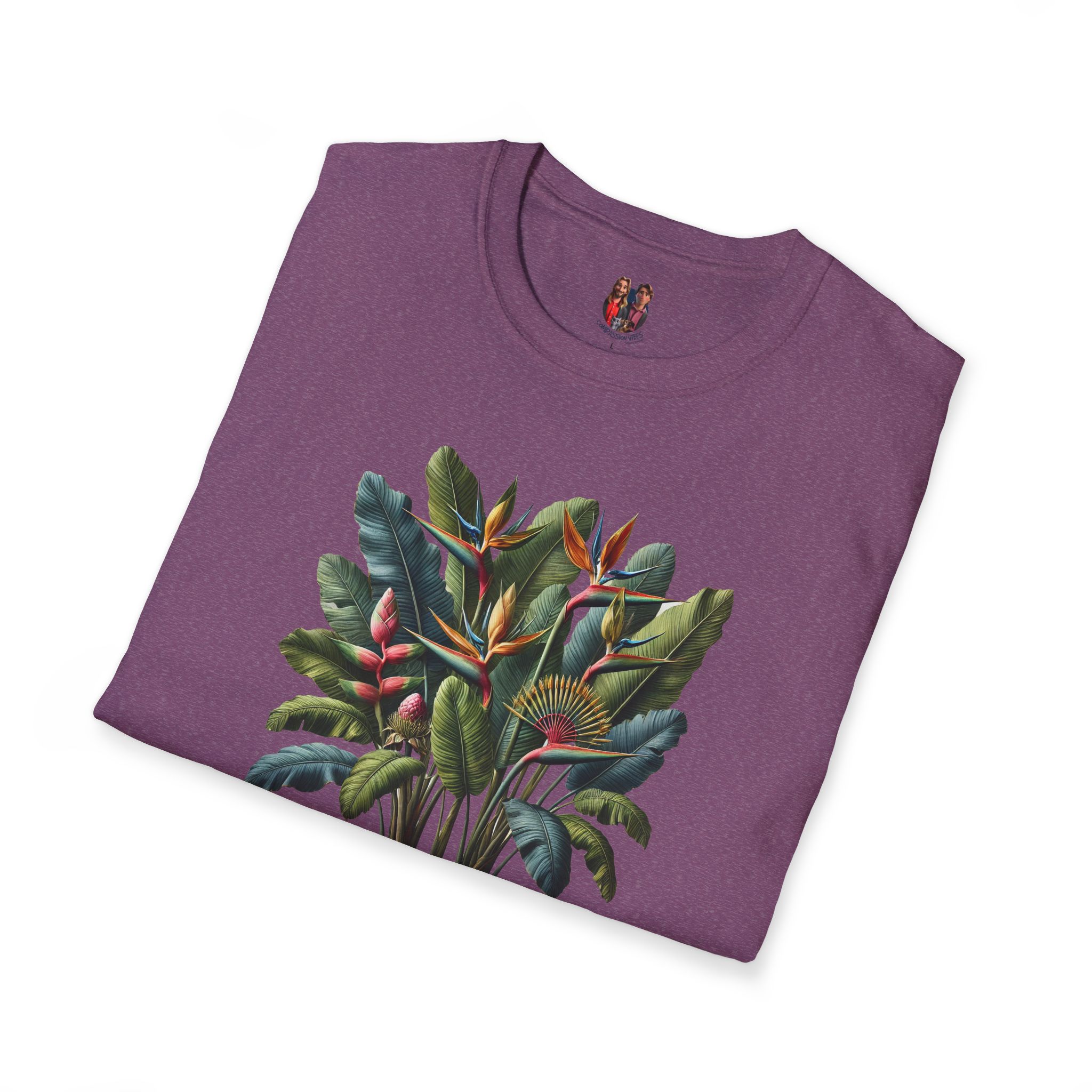 Purple t-shirt featuring a vibrant tropical plant graphic with leaves and flowers.