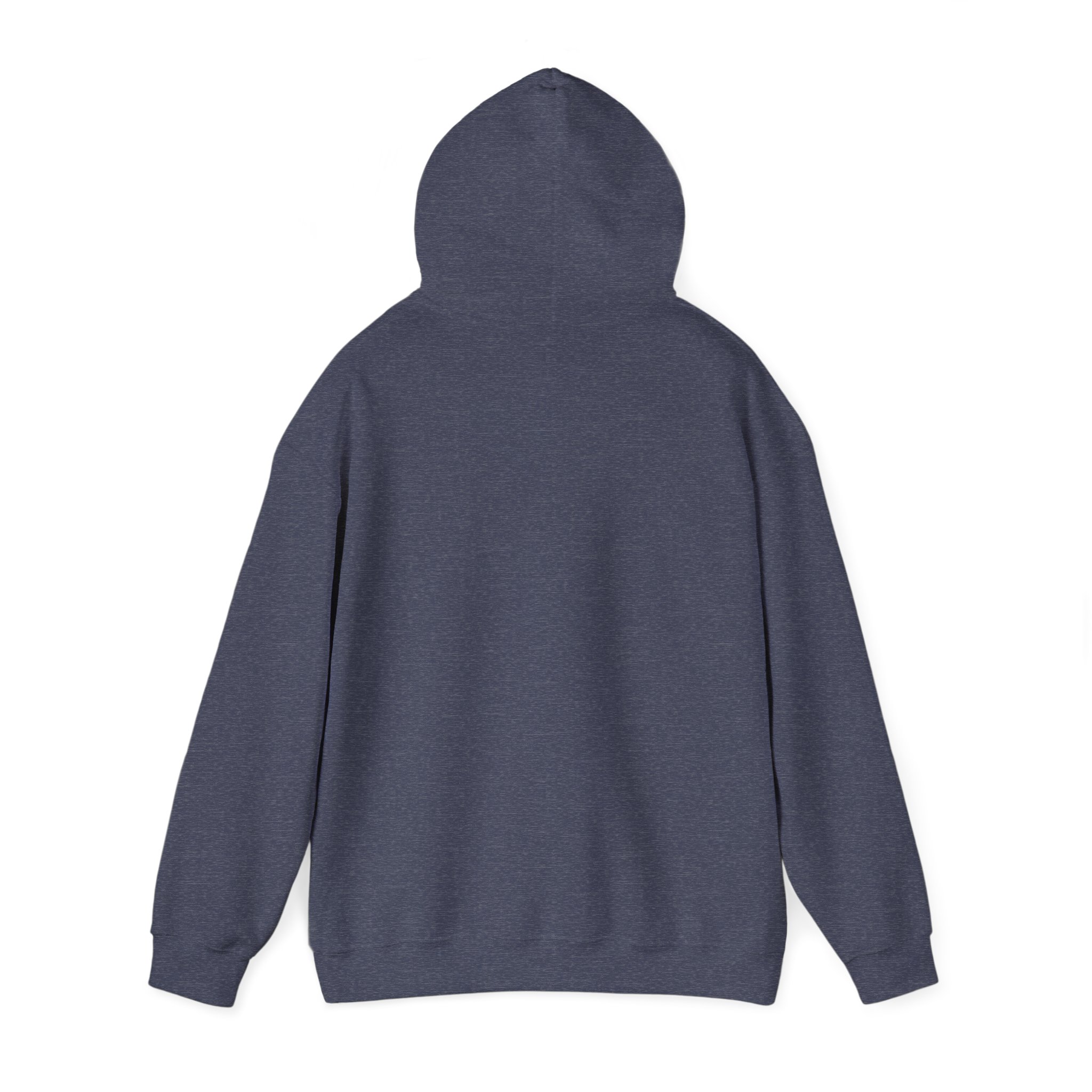 Navy blue hooded sweatshirt displayed with the back view showing the hood and sleeves.