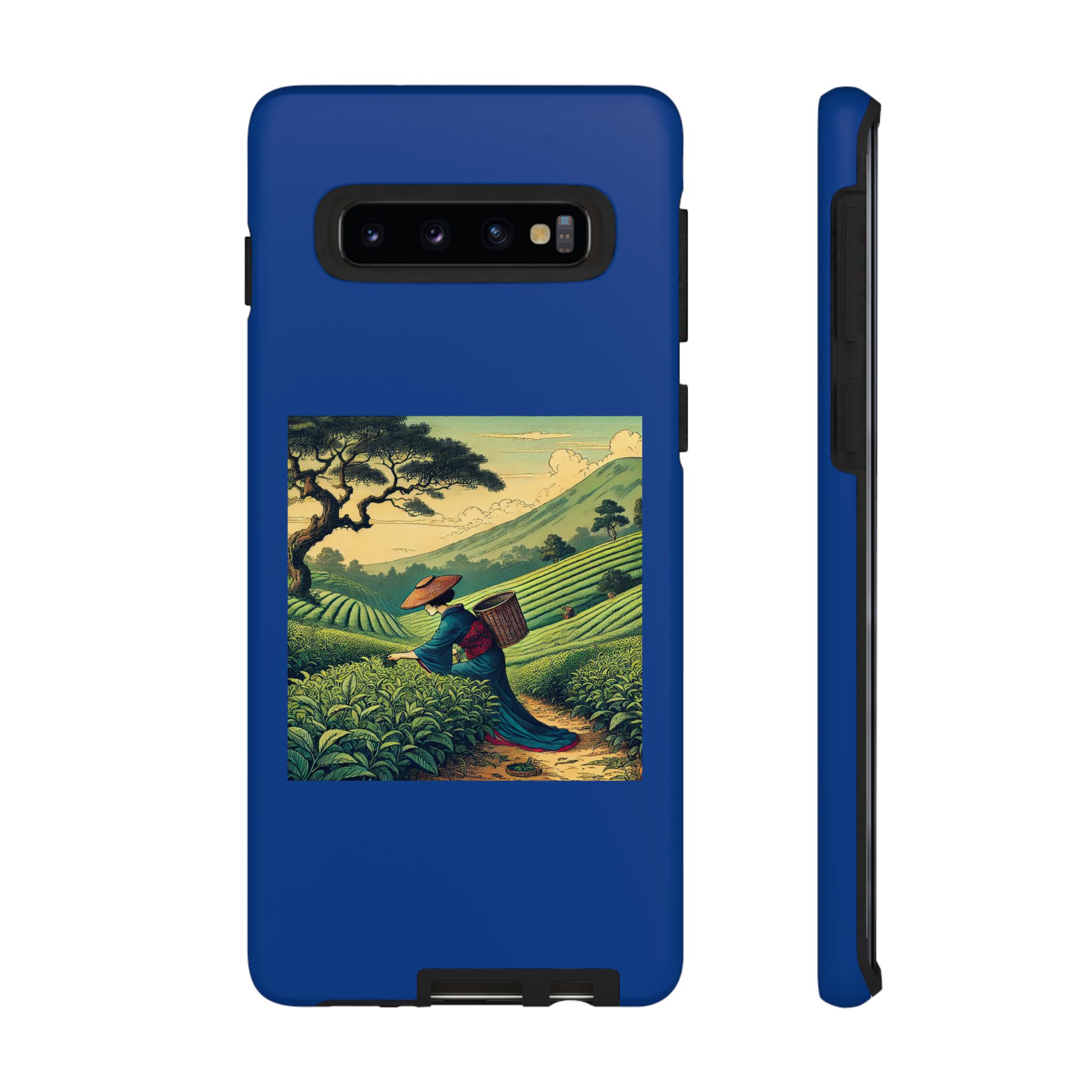 Blue phone case featuring a tea farmer walking through green tea fields with mountains in the background.