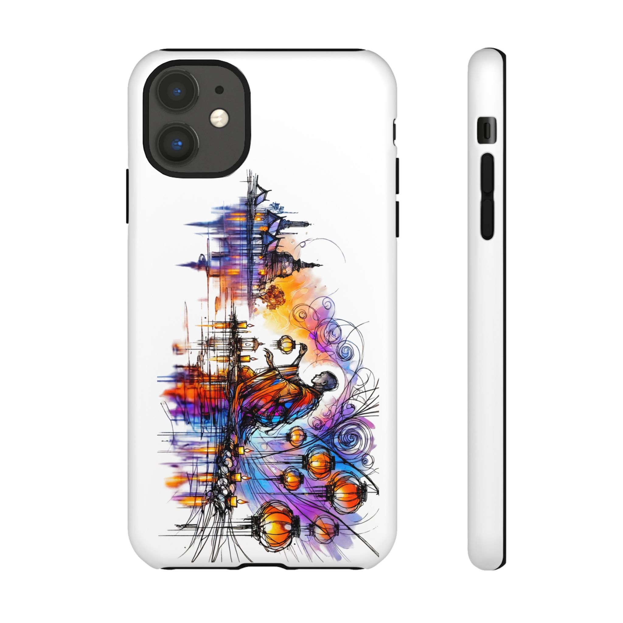 Colorful artistic design of a phone case featuring abstract elements and a figure in a dynamic pose.