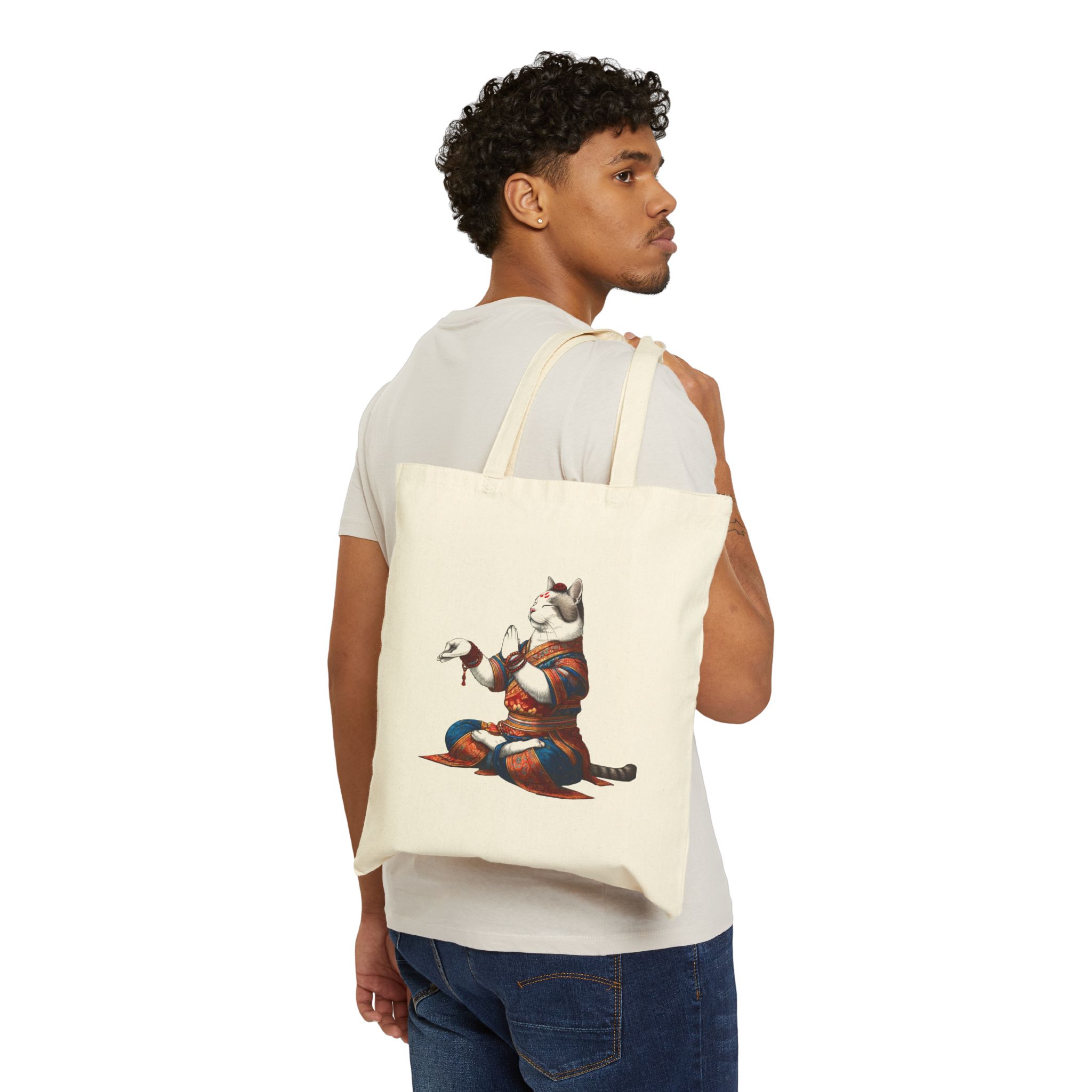 Canvas Tote bag Cat meditation handbag yoga bag vintage buddha mindfulness purse - Image 2