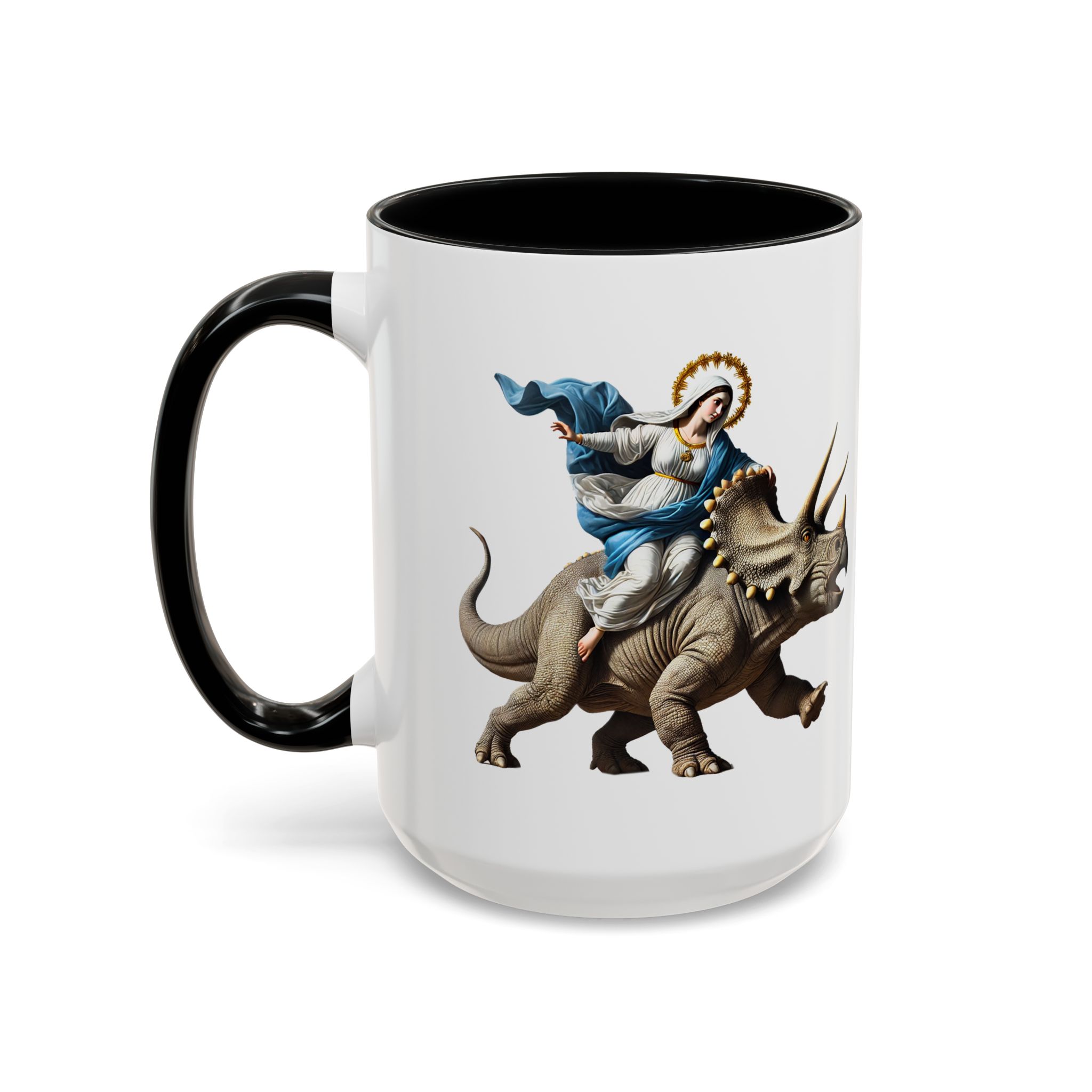 Sarcastic Coffee mug jurassic Virgin mary riding triceratops funny office mug boho gift tea cup cute accessory – Image 22