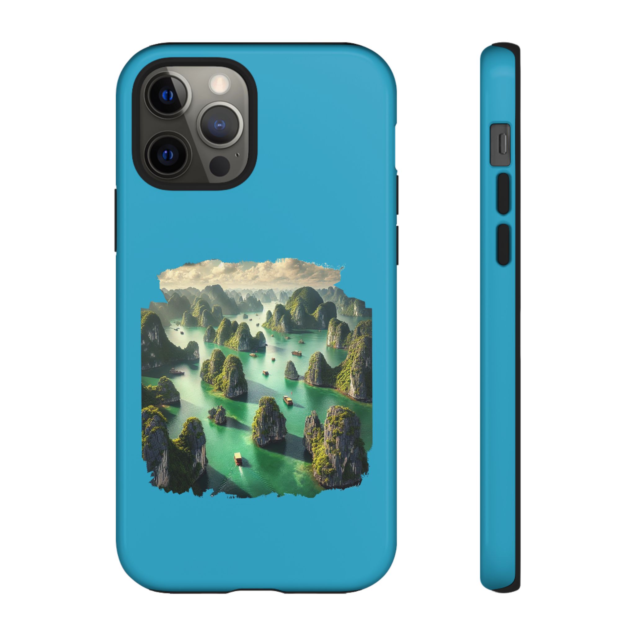Phone case featuring a vibrant landscape design with islands and water in a blue color scheme.
