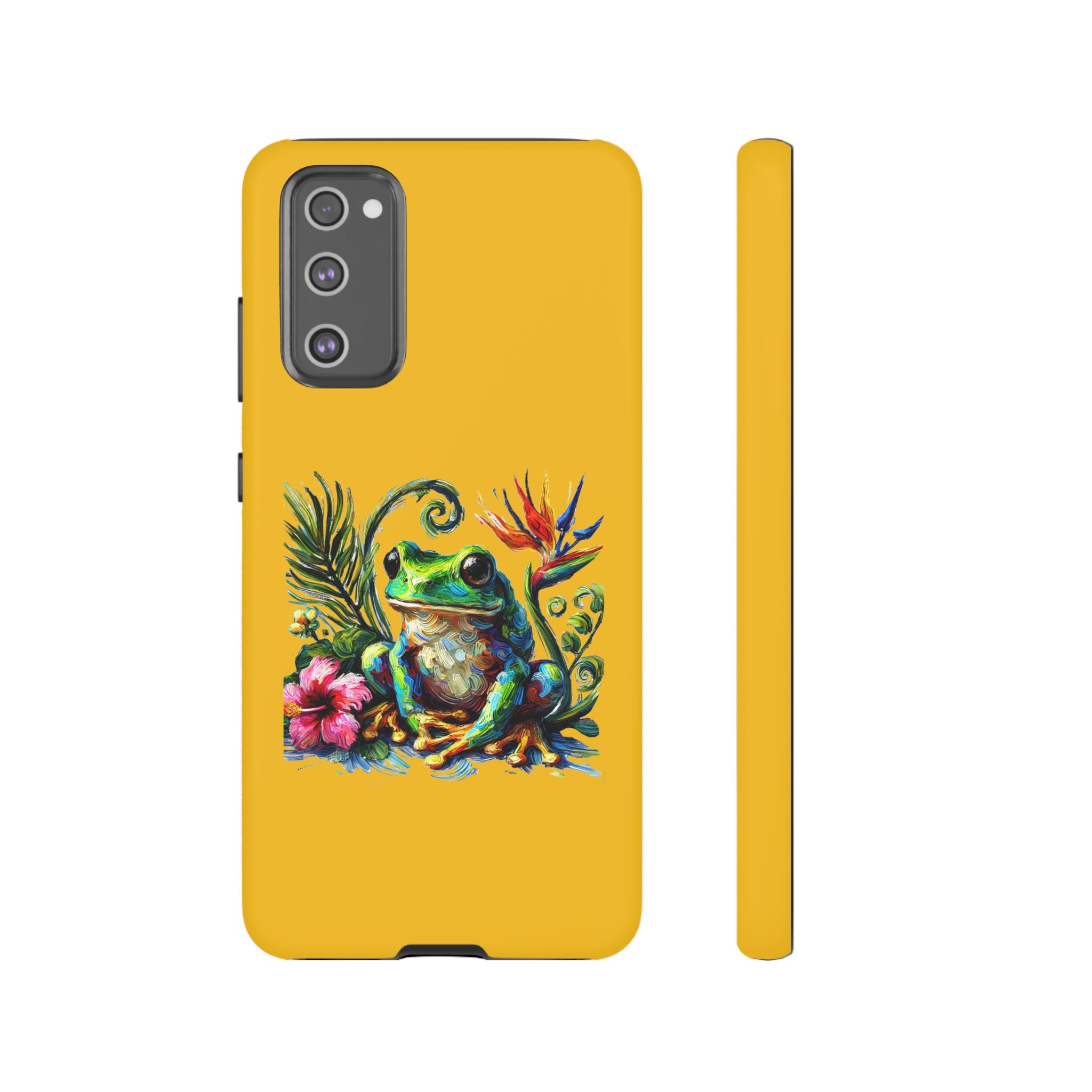 Yellow phone case featuring a colorful frog design with tropical flowers and a bird.
