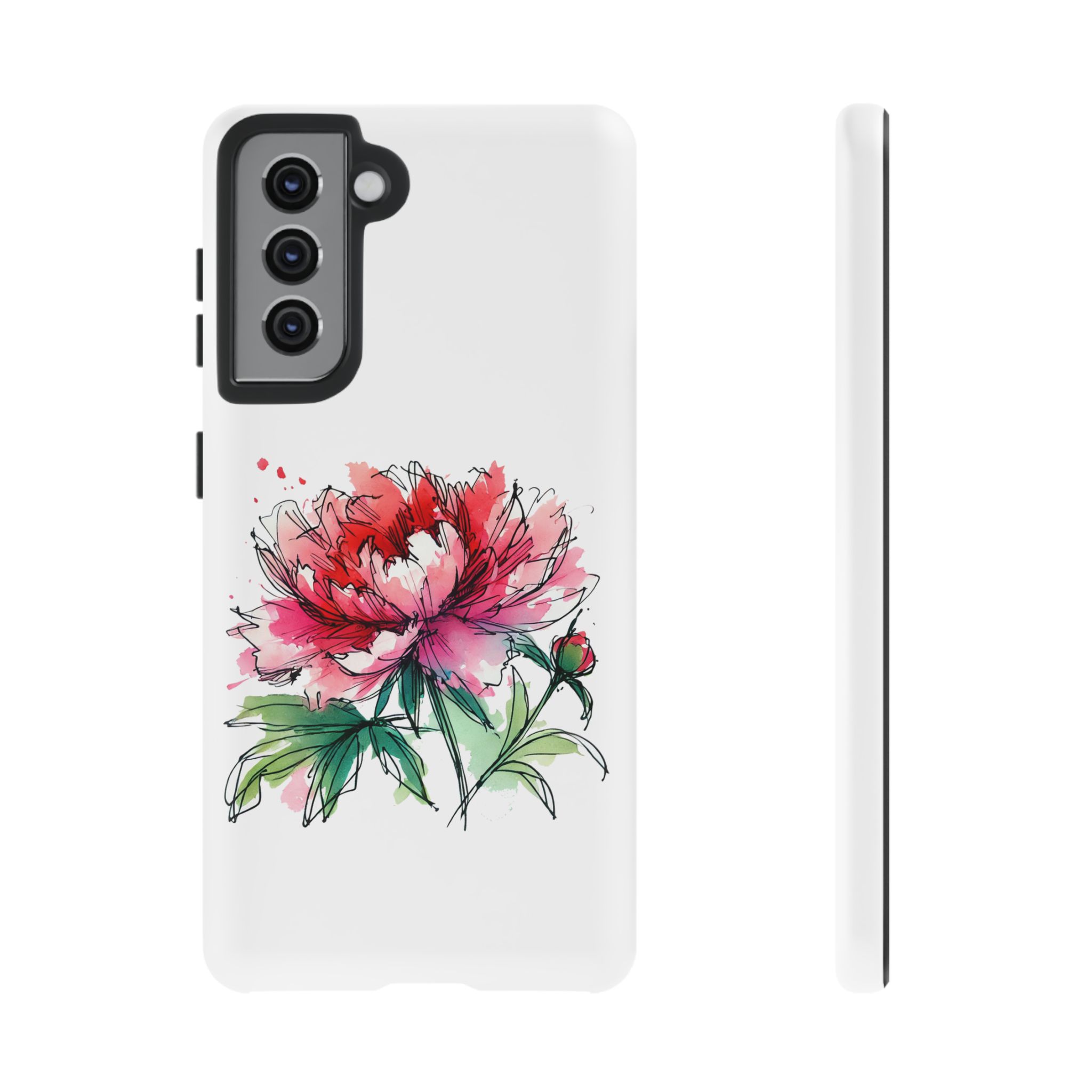 White phone case featuring a colorful peony flower illustration with green leaves.