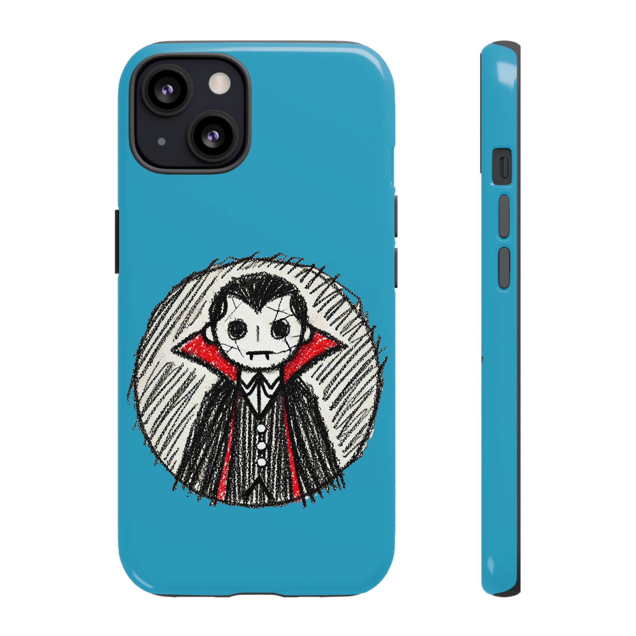 Phone case design featuring a vampire character with a blue background and a circular outline.