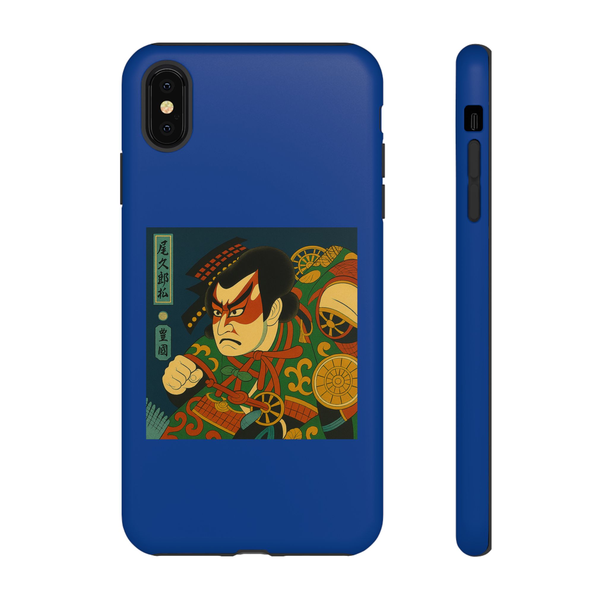 Blue phone case featuring a traditional samurai illustration with vibrant colors and intricate details.