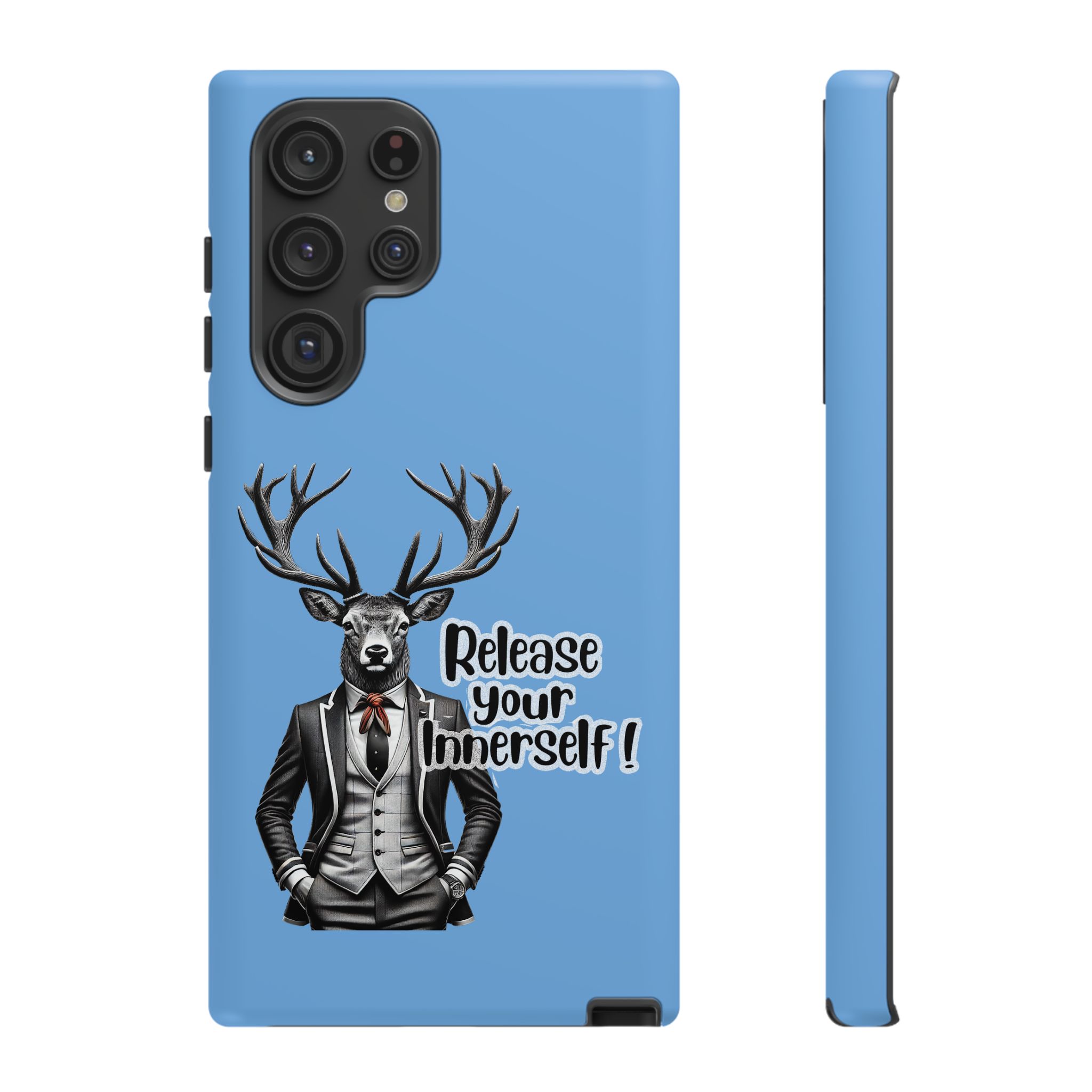 Blue phone case featuring a deer in a suit with the text 'Release your inner self'.