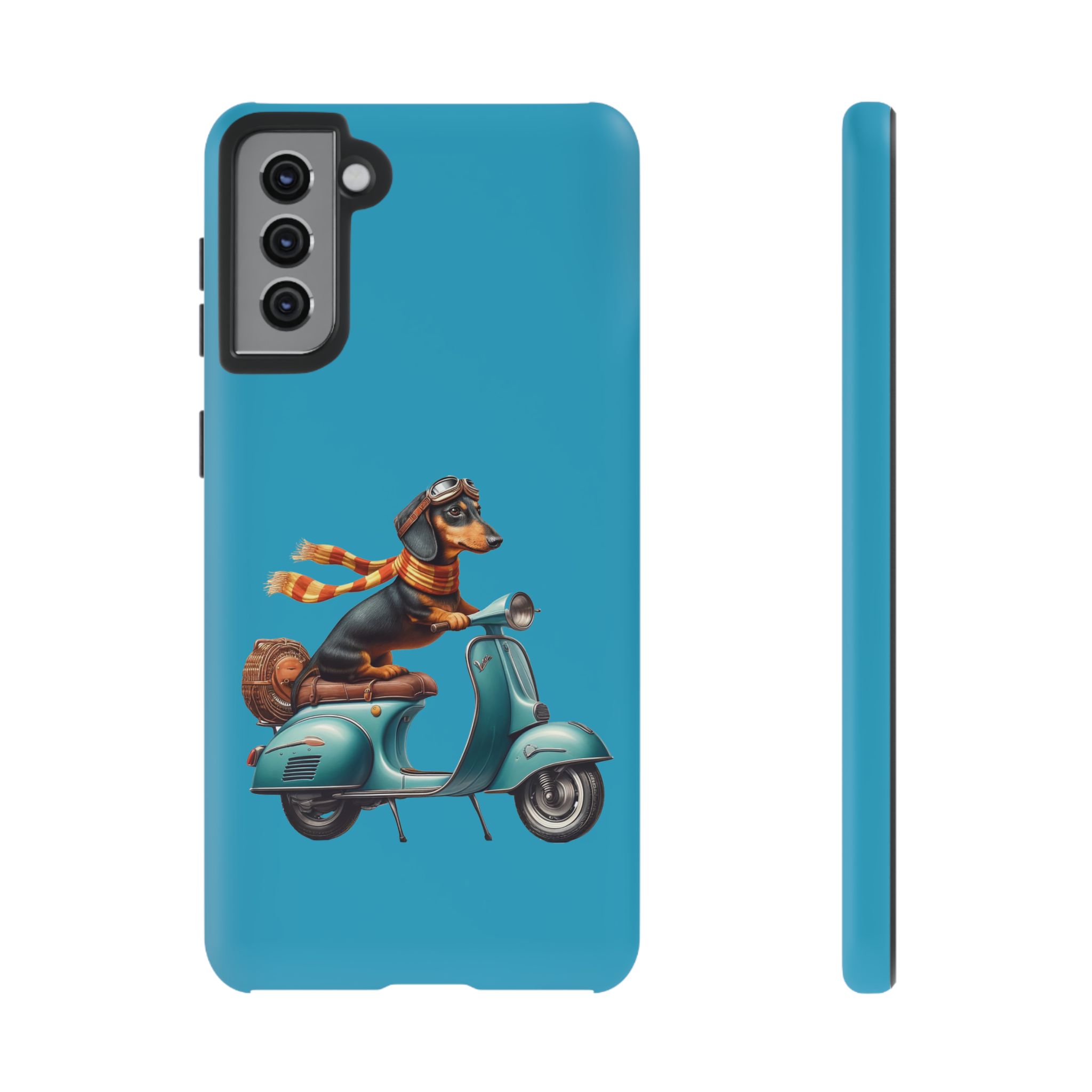Dachshund wearing a scarf riding a vintage scooter on a blue phone case.