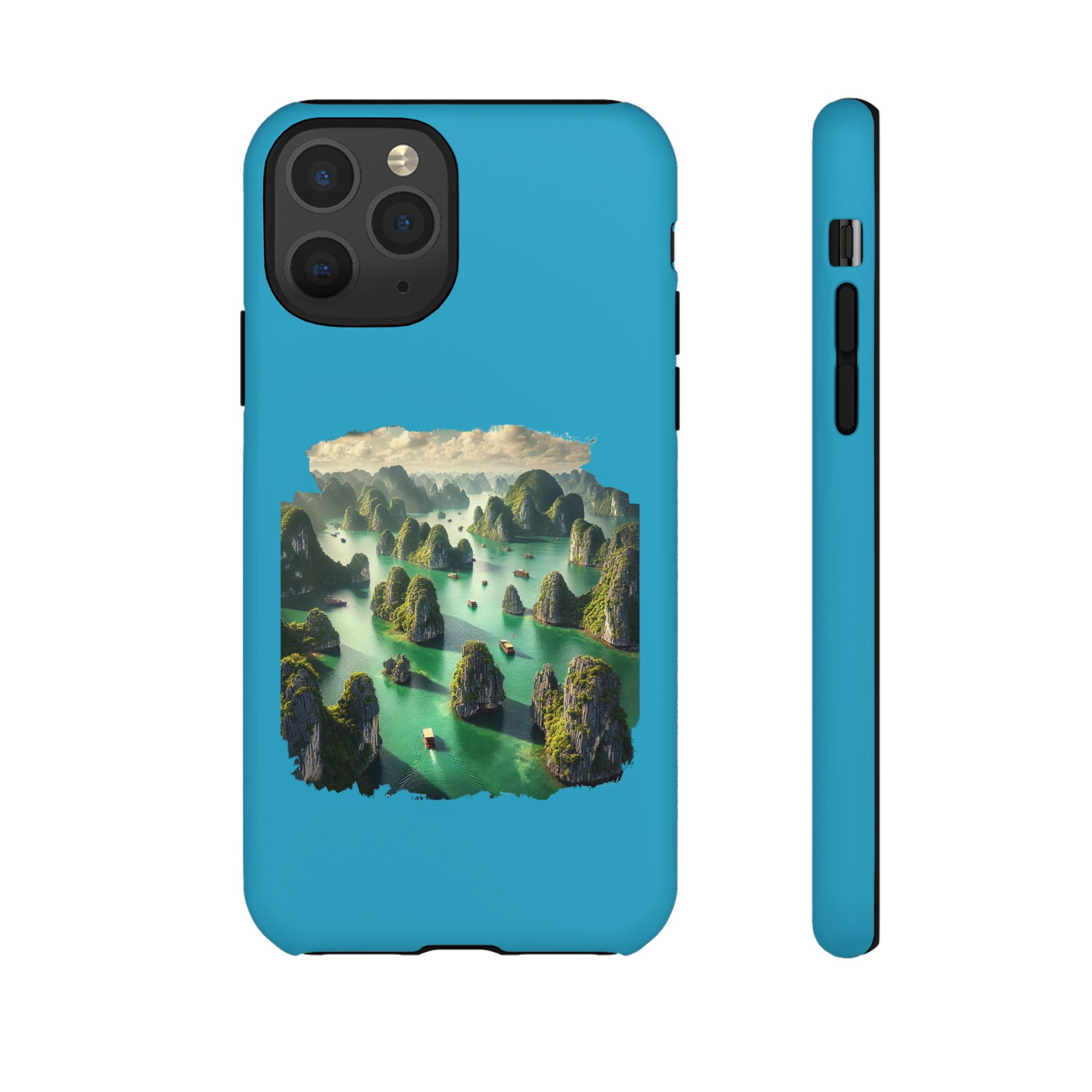 Blue phone case featuring a scenic landscape of green islands and water with boats.
