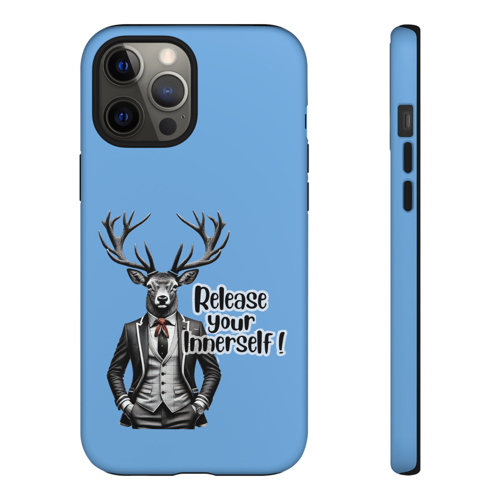 Phone case featuring a deer with antlers wearing a suit and the text 'Release your Innerself!' on a blue background.