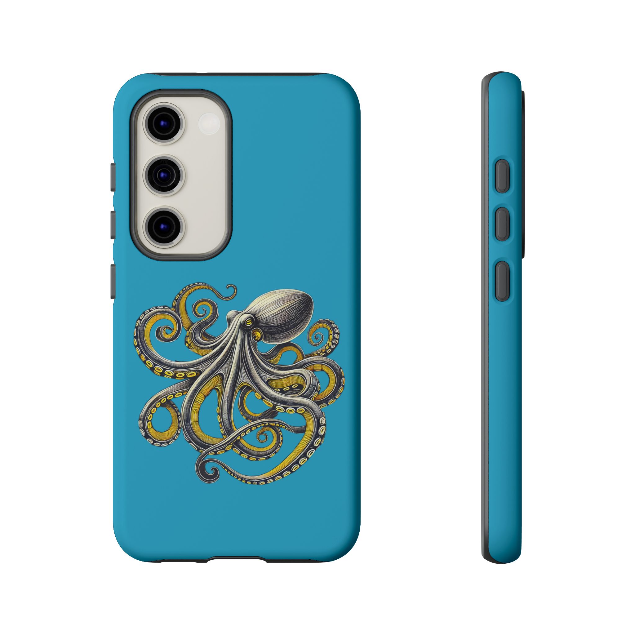 Phone case with an octopus illustration on a blue background, showing the front and side views.