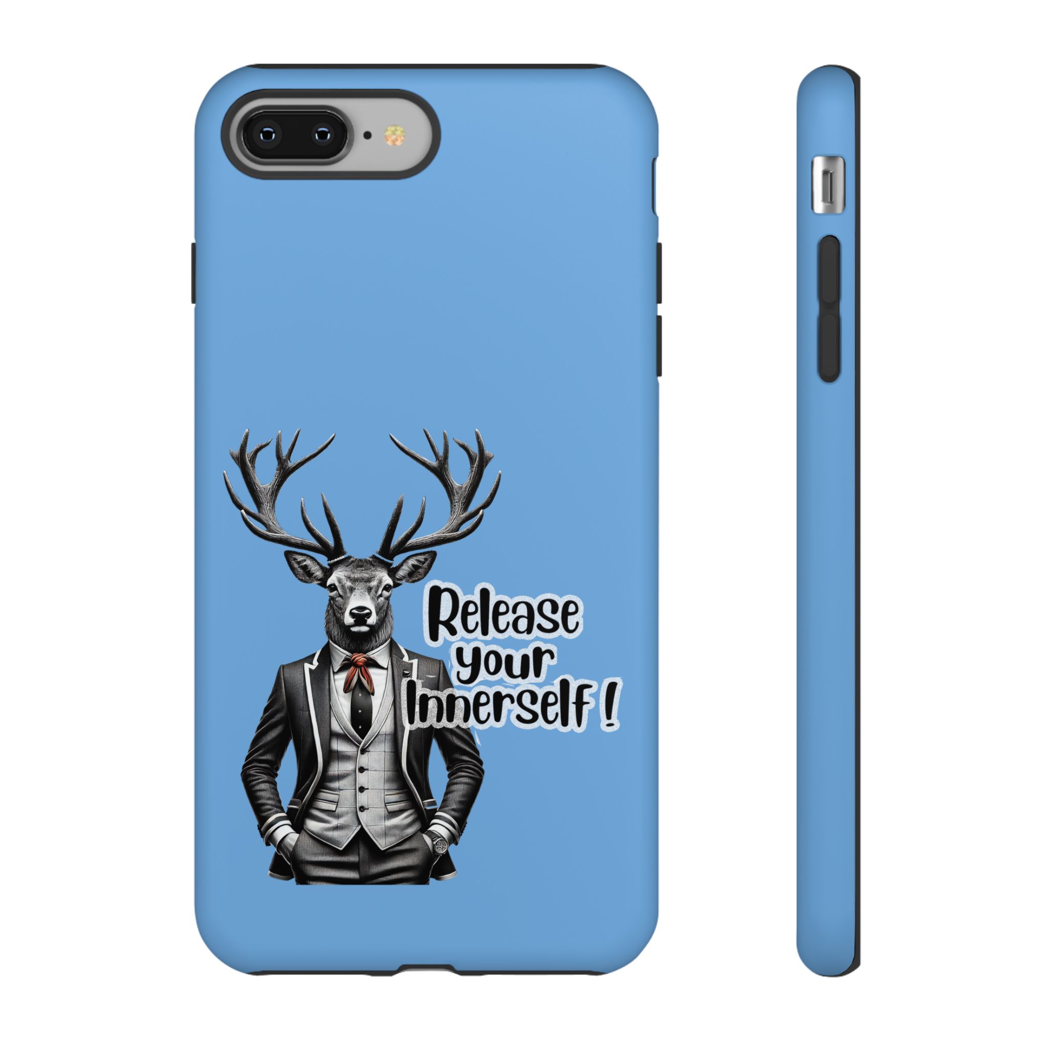 Phone case featuring a deer dressed in a suit with the text 'Release your Innerself'.